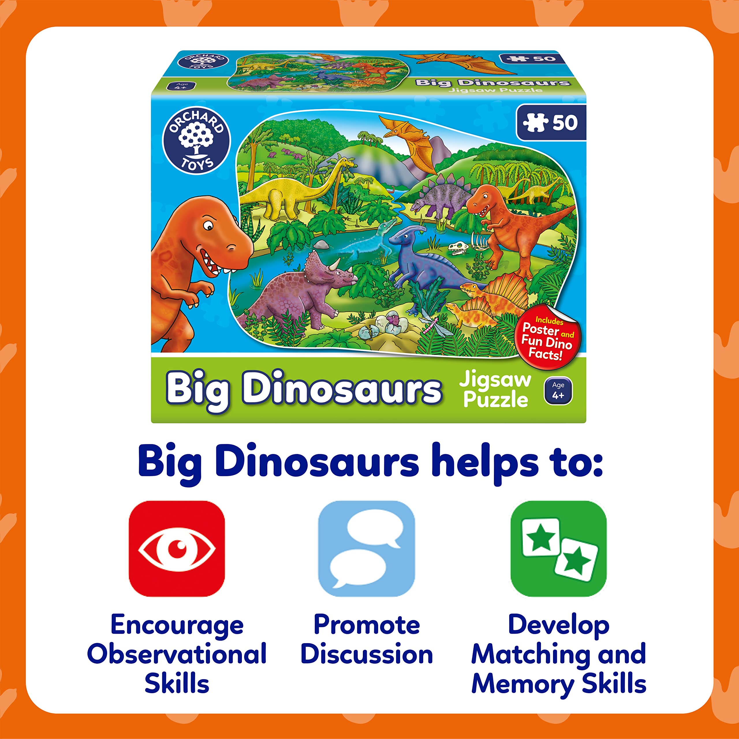 Orchard Toys Big Dinosaurs Jigsaw Puzzle for Kids - 50 Piece Large Floor Puzzle, Educational Dinosaur Toys for Toddlers Age 4+, Perfect Gift for Boys & Girls - Fun Learning Activity for Preschool & Birthday Parties