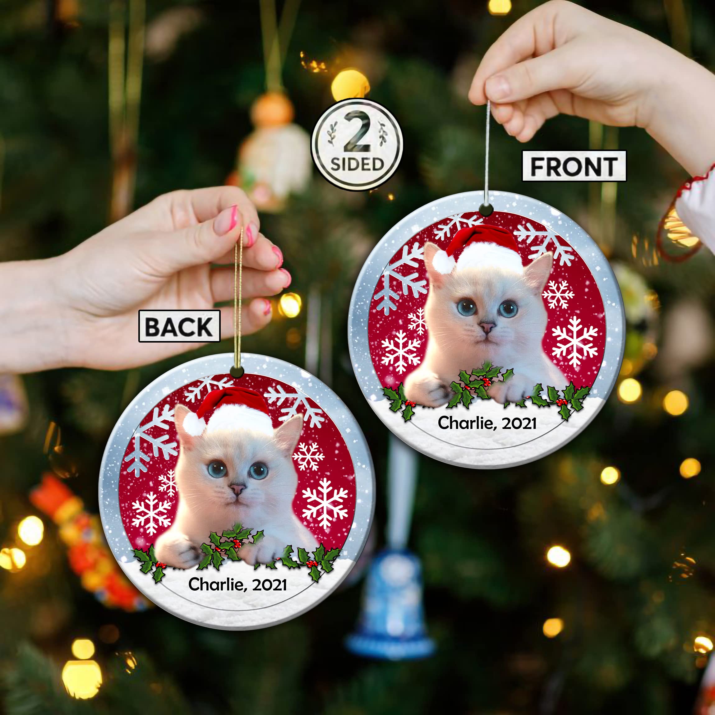 2024 Personalized White Cat Christmas Ornament - Ceramic Cat Lover Gift with Side Print | Cute Holiday Decor for Tree, Home & Cat-Themed Christmas Gifts
