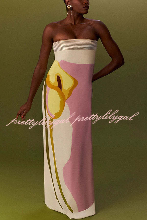 Dalva Calla Lilies Print Pleated Metallic Fabric Patchwork Bandeau Loose Maxi Dress | Elegant Summer Beach Wedding Guest Dress for Women