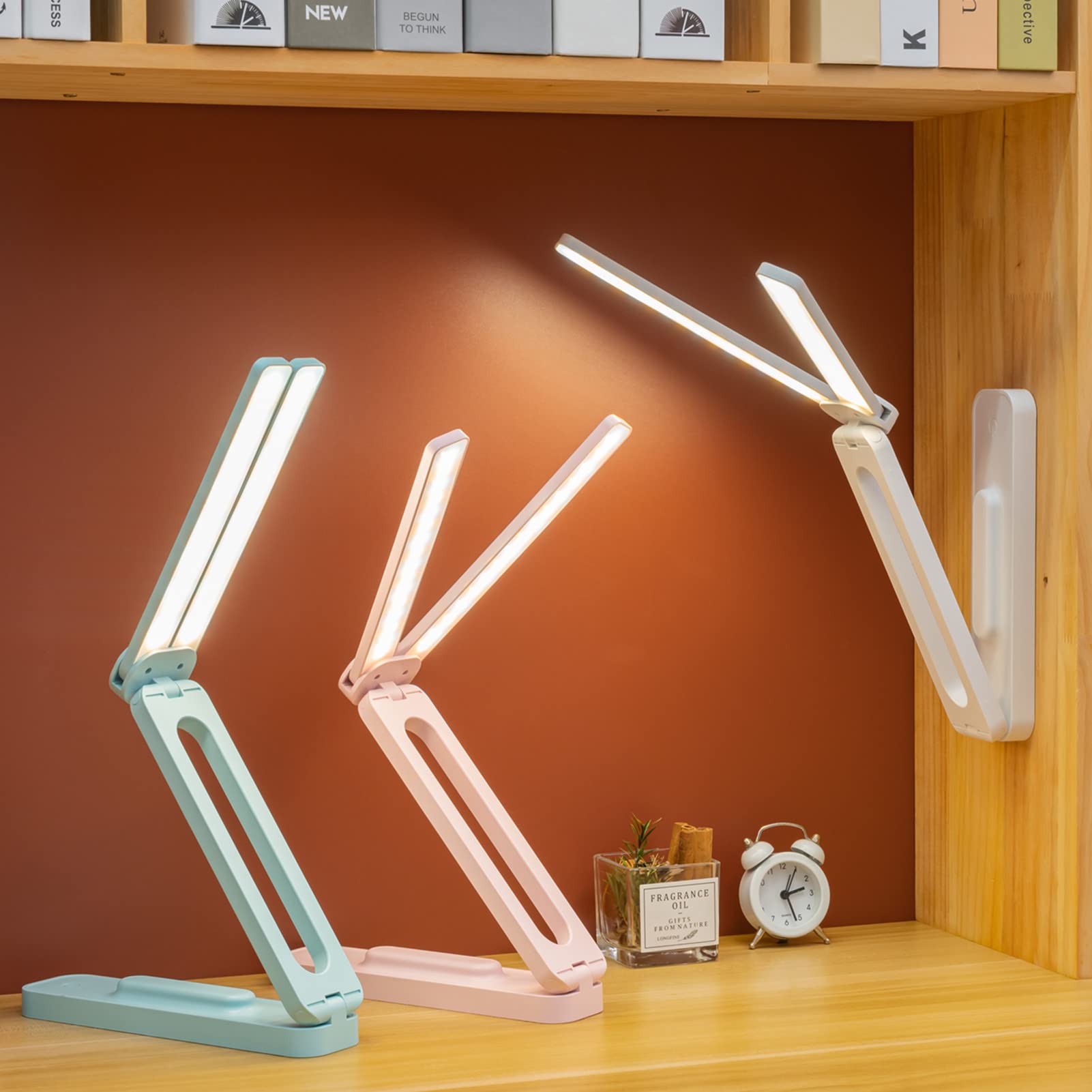 Rechargeable Double Head Desk Lamp with Large Lighting Range - Foldable & Portable USB-C Mini Lamp for Small Spaces, College Dorm, Office - Perfect for Studying, Reading & Traveling (White)
