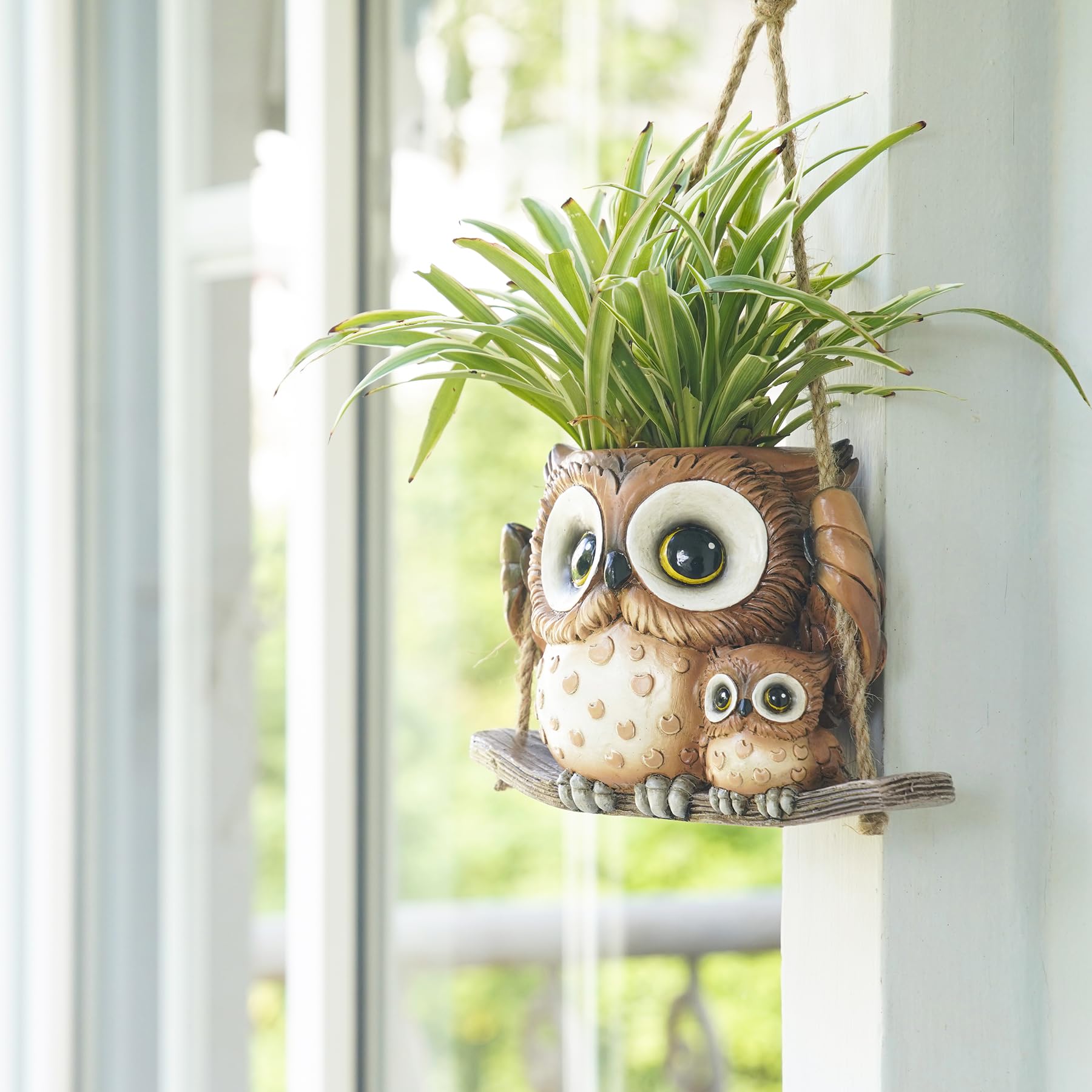 Swing Owl Hanging Planters for Indoor & Outdoor Plants - Small Succulent Pots with Drainage Hole - Unique Resin Plant Hangers for String of Pearls - Perfect Mother's Day Gift for Home Decor, Garden, Balcony & Patio