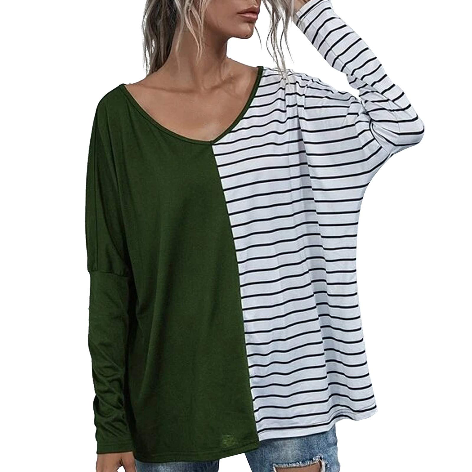 Women's Summer Tops - Long Sleeve V-Neck Pullover Blouse with Contrast Stitching & Stripes | Casual Black Shirt for Office, Dating & Everyday Wear
