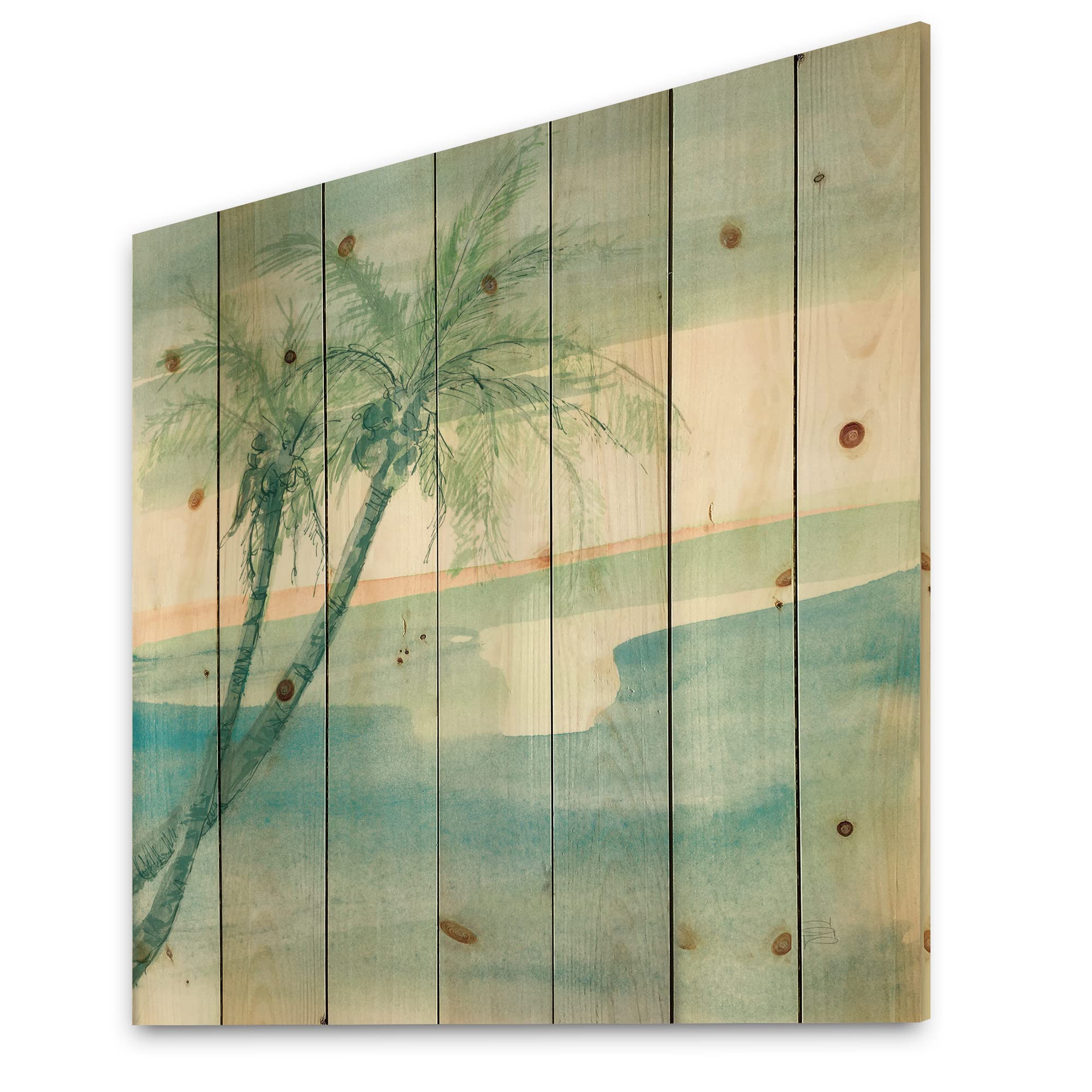 DesignQ Peaceful Dusk Tropical Wood Wall Art - Blue Beach Themed Pine Wood Wall Decor Panel - Large Natural Wood Wall Hanging for Coastal Living Room, Bedroom or Office Decoration