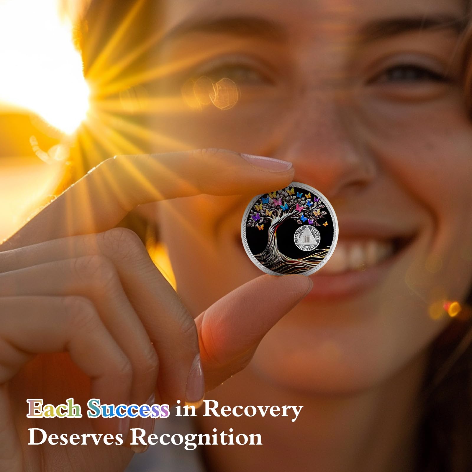 3 Year Sobriety Coin - AA NA Recovery Medallion with Butterfly & Tree of Life Design - Celebrate 1 to 62 Years Clean & Sober - Perfect Alcoholics Anonymous Gift for Men & Women - Ideal for Milestone Celebrations & 12-Step Meetings