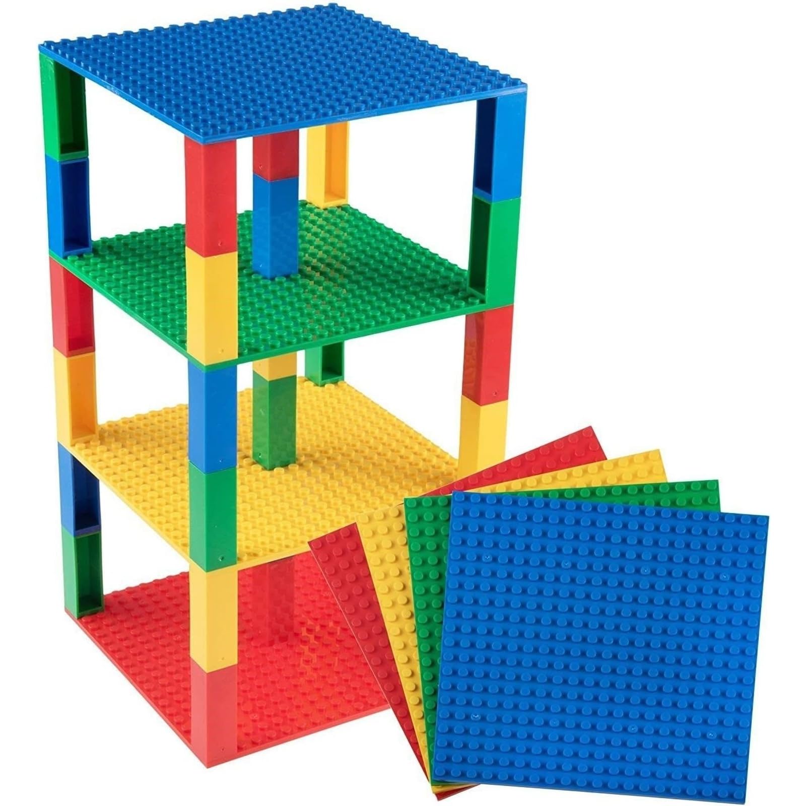 Strictly Briks Lego-Compatible Stackable Baseplates - 6x6 Inch Building Bricks for Towers, Shelves & DIY Projects (4 Base Plates + 30 Stackers in Red, Green, Blue & Yellow) | Perfect for Kids' Creative Play, Classroom STEM Activities & Home Organization