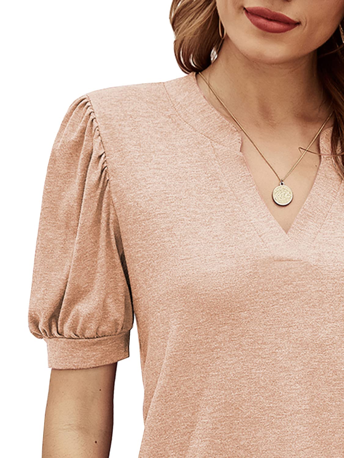 Romanstii Women's Casual V-Neck T-Shirt - Loose Fit Puff Short Sleeve Tunic Top for Summer | Comfortable Everyday Wear for Outings, Work & Relaxation