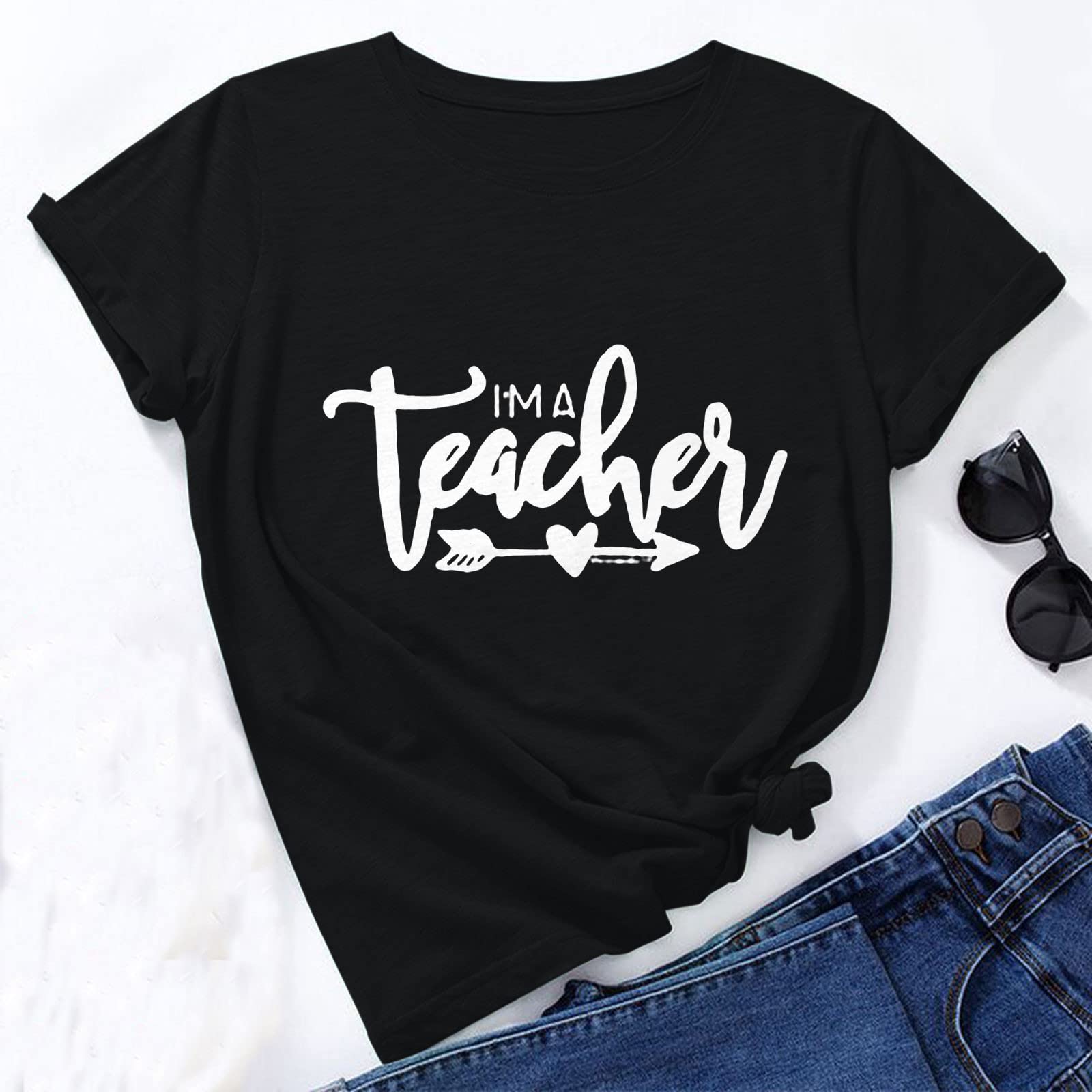 Oelaio Women's Fashion Loose Round Neck Short Sleeve T-Shirt - Cute English Teacher Print Pullover Top for Teacher's Day Gifts, Casual Wear & School Appreciation
