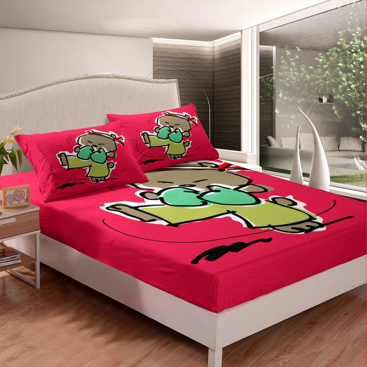 Kung Fu Bear Deep Pocket Queen Size Bed Sheet Set - Ultra Soft Microfiber 3 Piece (1 Fitted Sheet + 2 Pillowcases) - Red Background for Boys & Girls - Perfect for Kids' Rooms, Dorm Rooms & Guest Bedrooms
