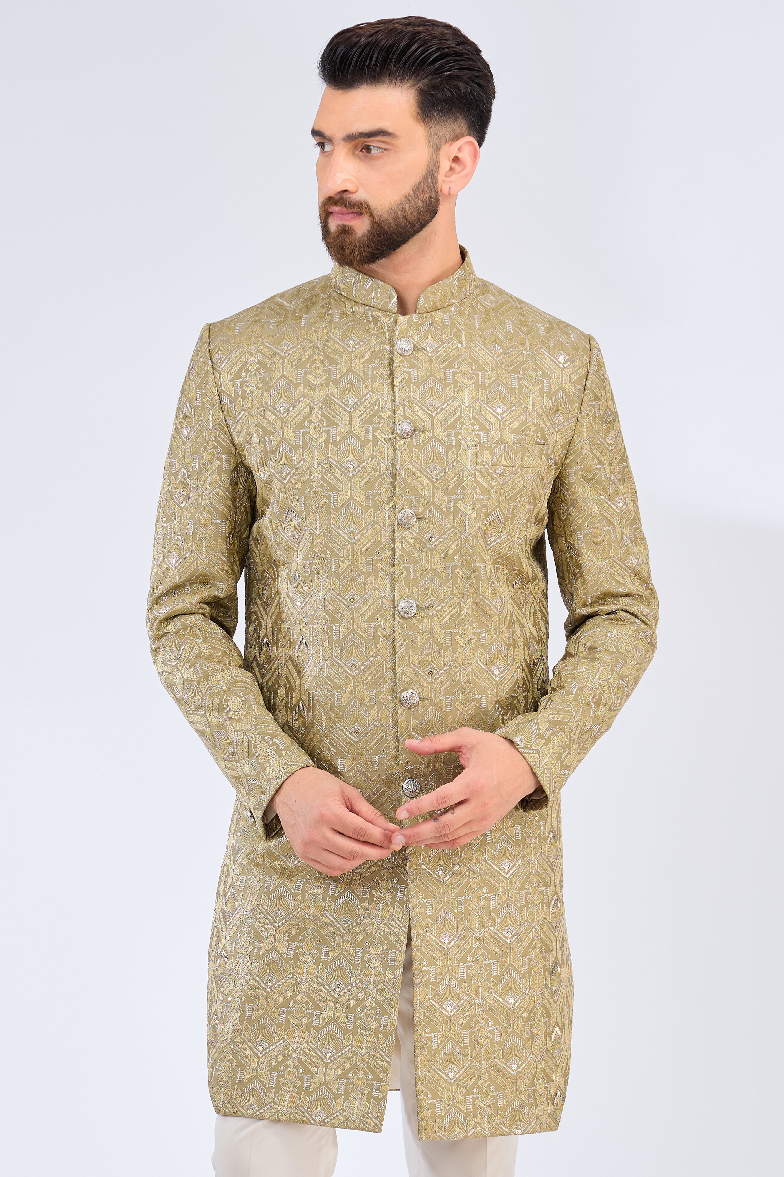 Elegant Mehndi Green Royal Cut Sherwani for Men | Traditional Indian Wedding Attire | Perfect for Grooms, Festivals & Special Occasions