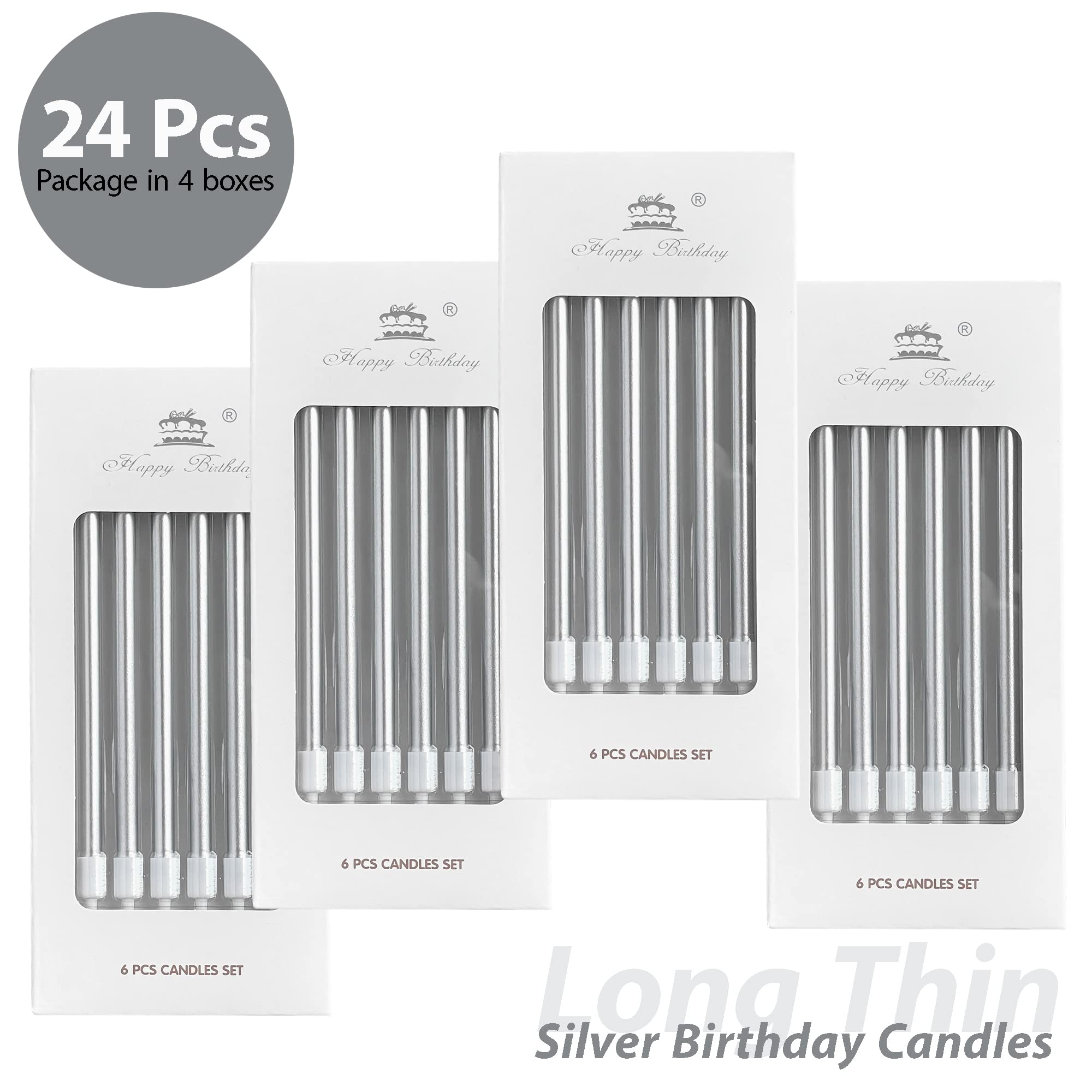 24-Pack Silver Metallic Long Thin Cake Candles with Holders - Elegant Cupcake & Wedding Cake Decorations for Birthdays, Parties & Special Celebrations