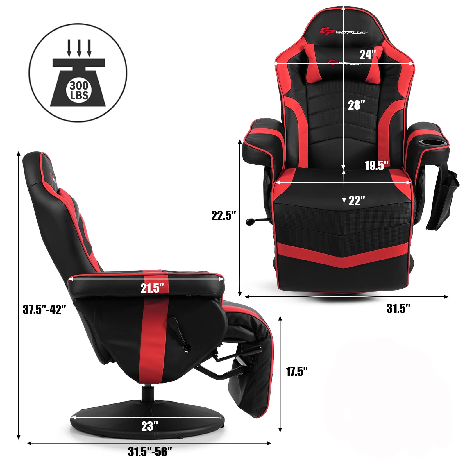 Powerstone Ergonomic Gaming Recliner Chair with Massage & Footrest - PU Leather Video Game Chair with Adjustable Headrest, Cup Holder & Side Pouch - Perfect for Gaming, Living Room & Home Theater Relaxation (Red)