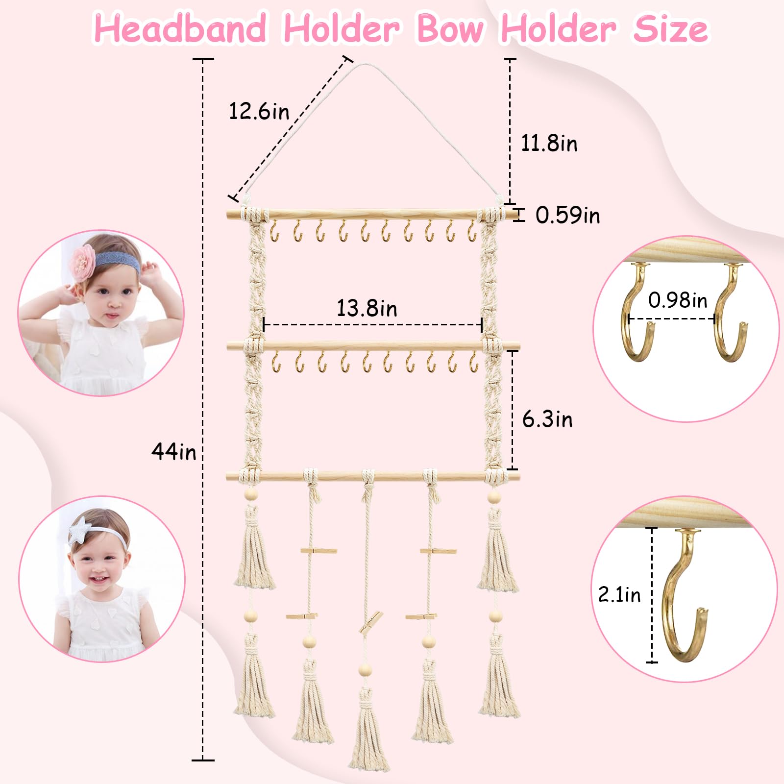 Girls Hair Bow Organizer - Baby Headband Holder with 20 Iron Hooks & 15 Wooden Clips | Boho Nursery Wall Decor for Toddler Girls Room | Perfect for Organizing Hair Accessories and Decorating Kids Bedroom