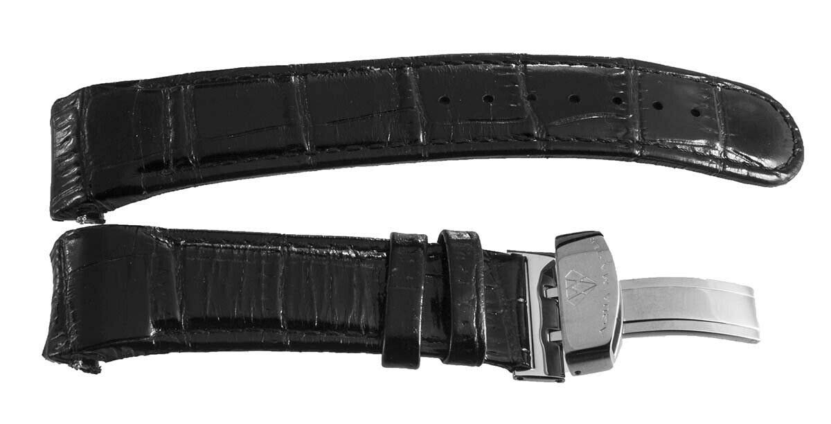 Aqua Master 22mm Black Genuine Leather Watch Band with Stainless Steel Deployment Clasp - Replacement Strap for Men's Watches, Perfect for Business, Casual & Formal Occasions