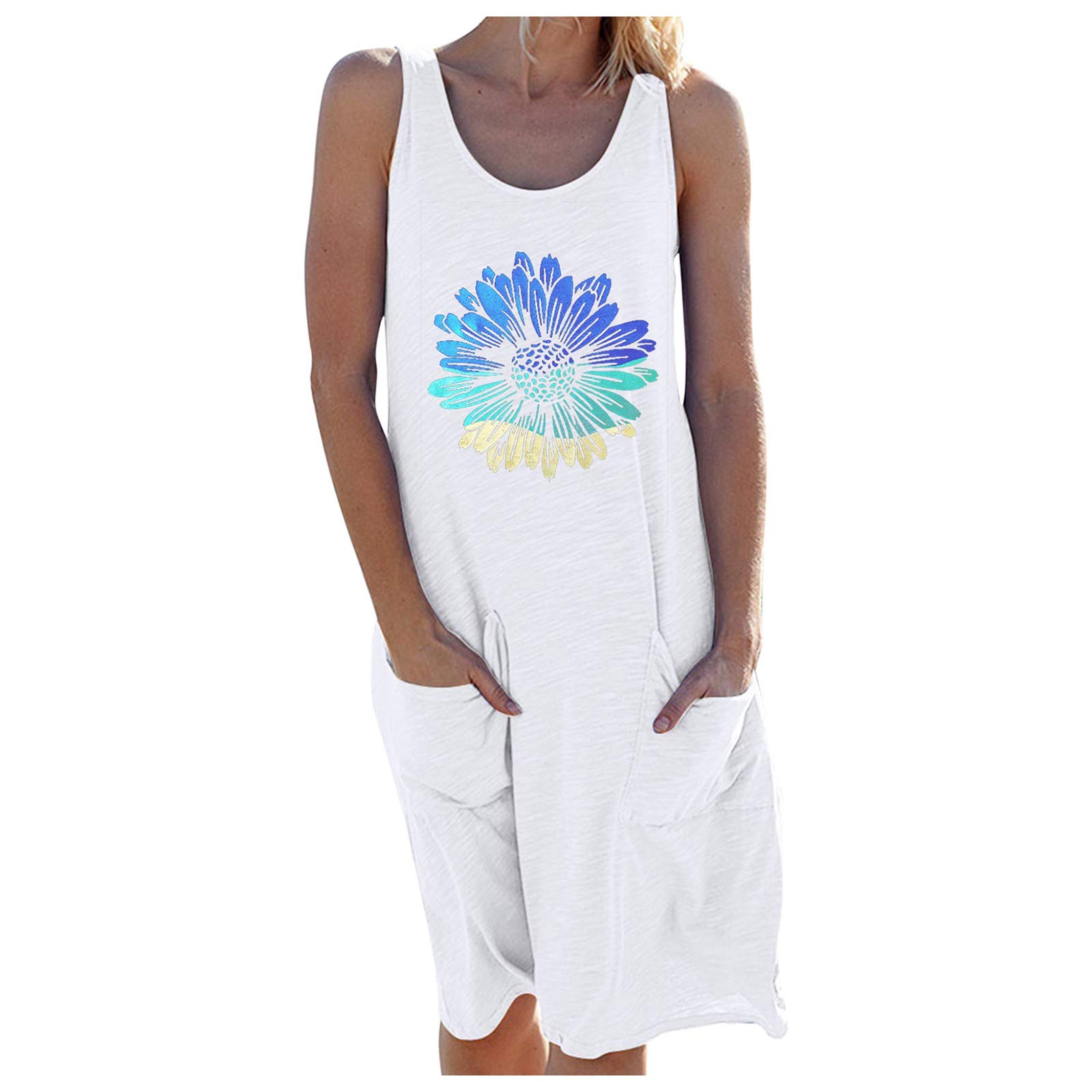 Women's Short Sleeveless T-Shirt Dress with Chrysanthemum Print & Pockets - Casual Round Neck Summer Dress for Outings, Beach Wear, and Everyday Comfort
