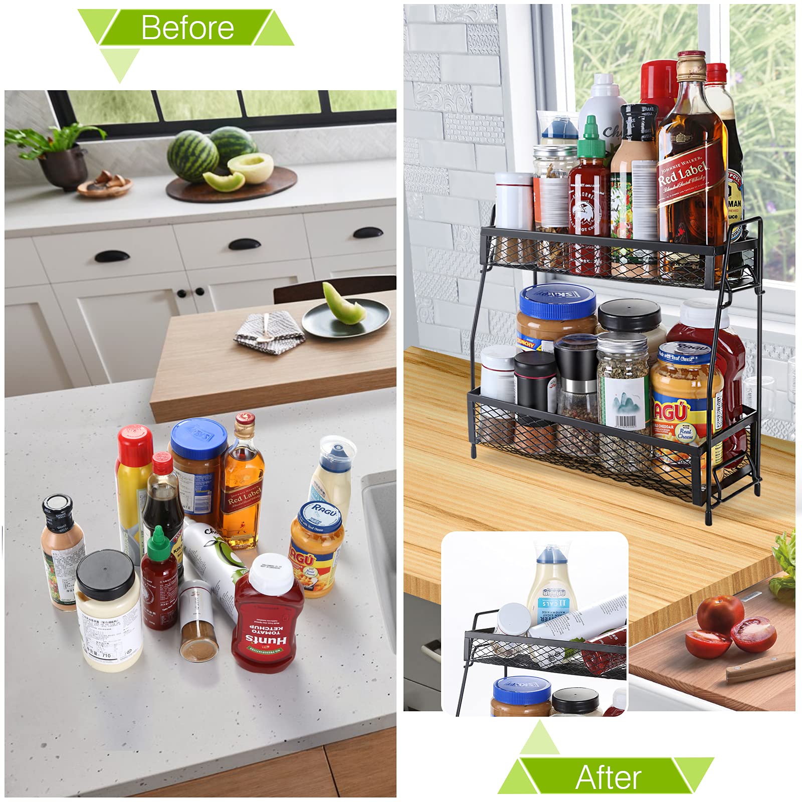 2-Tier Foldable Metal Spice Rack Organizer - Non-Slip Countertop Storage for Kitchen & Bathroom | Space-Saving Black Spice Holder for Countertops, Cabinets & Pantry Organization