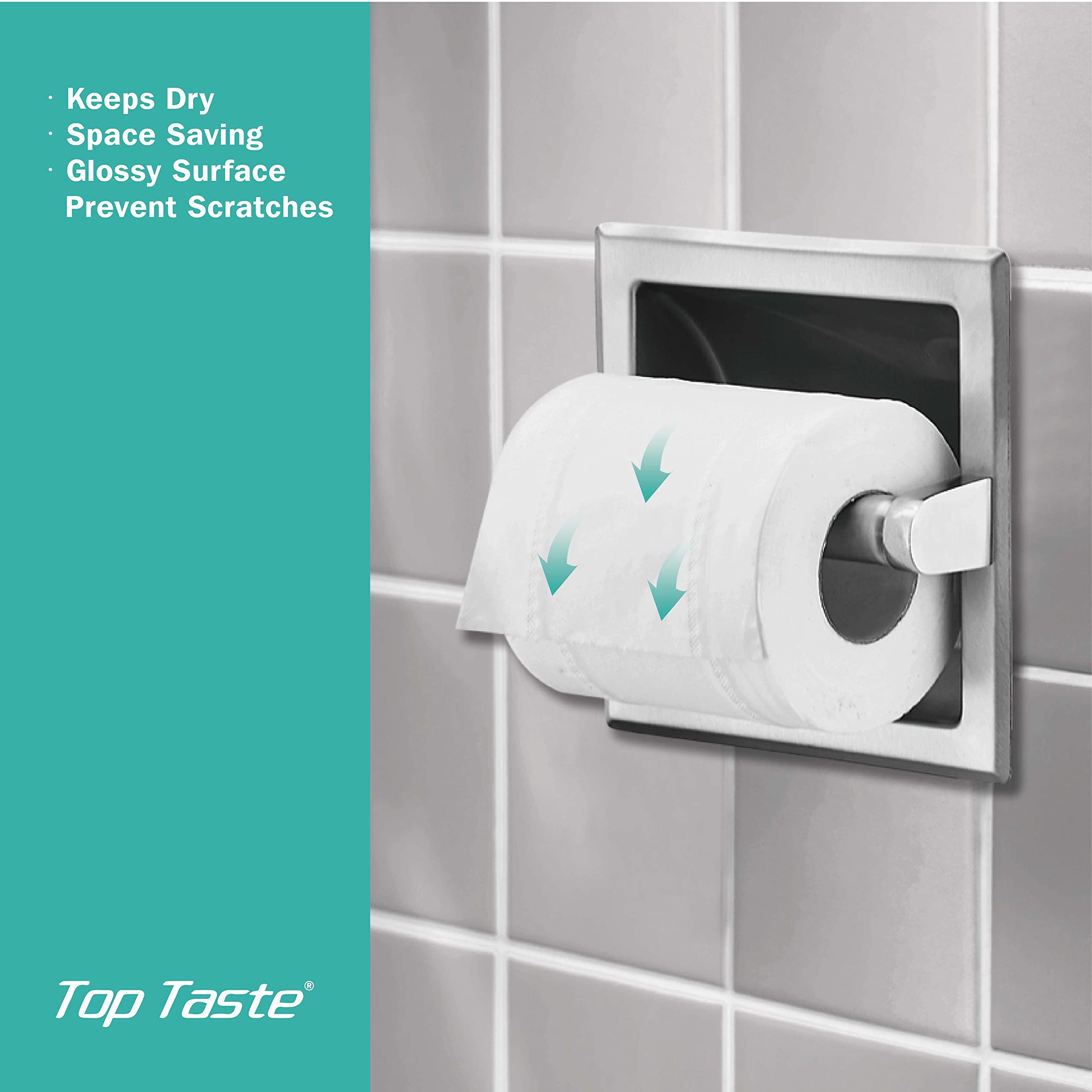 Top Taste Brushed Nickel Recessed Toilet Paper Holder - Wall Mount Stainless Steel Tissue Roll Holder with Rear Mounting Brackets | Perfect for Bathroom, Restroom & Powder Room Decor