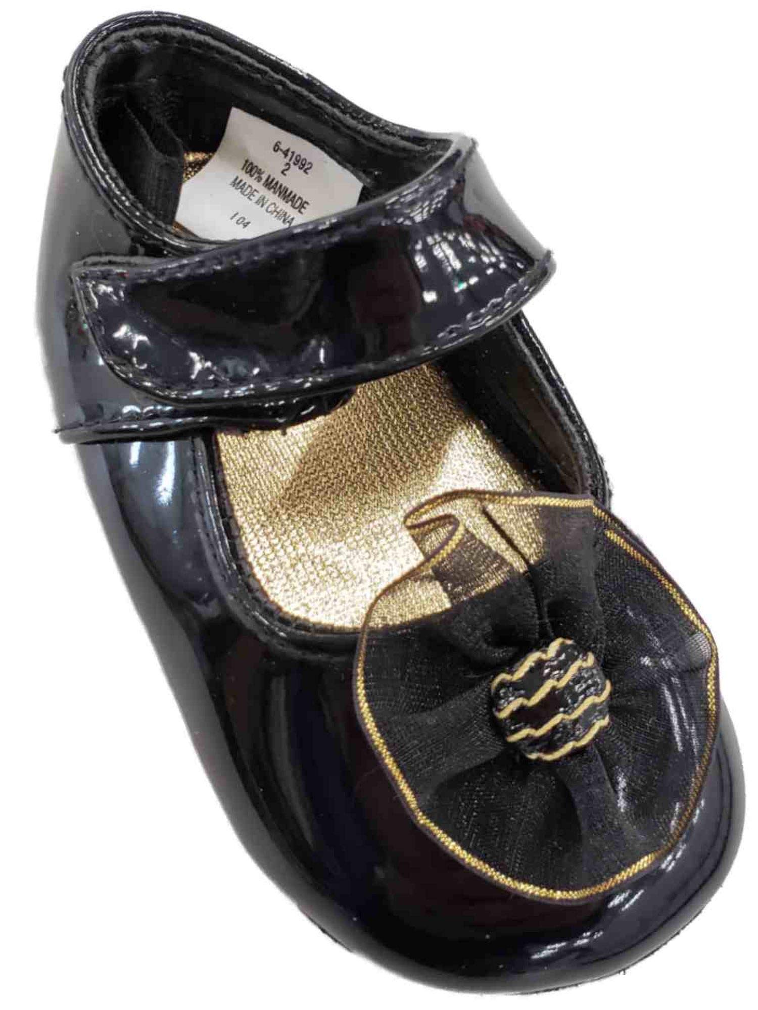 Shiny Black Flower Mary Jane Flats for Infant Girls - Baby Dress Shoes for Special Occasions & Photoshoots