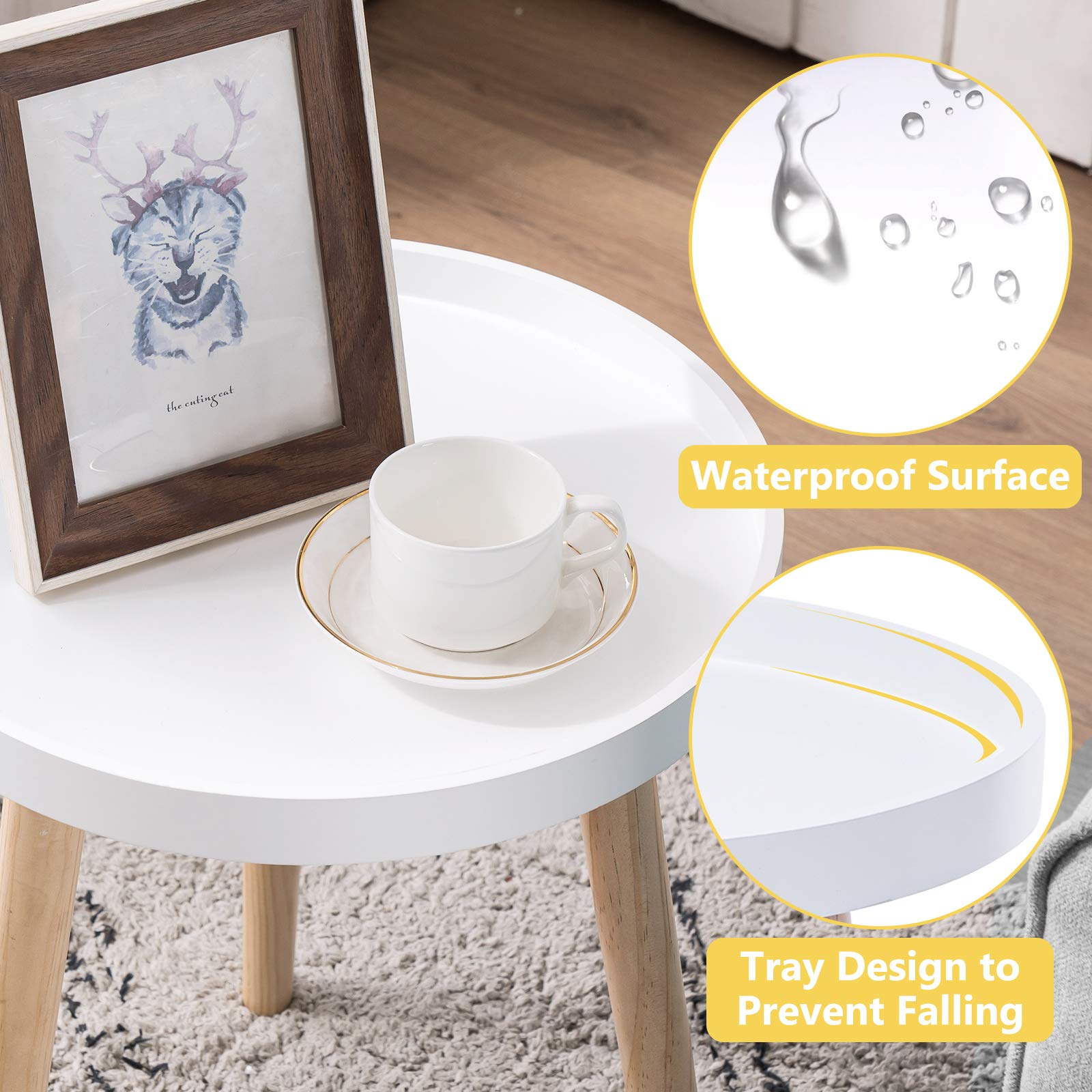 Apicizon Round Side Table with White Tray - 15 x 18 Inch Nightstand, Coffee End Table for Living Room, Bedroom & Small Spaces - Easy Assembly Bedside Table for Home Decor, Studio Apartments & Dorm Rooms