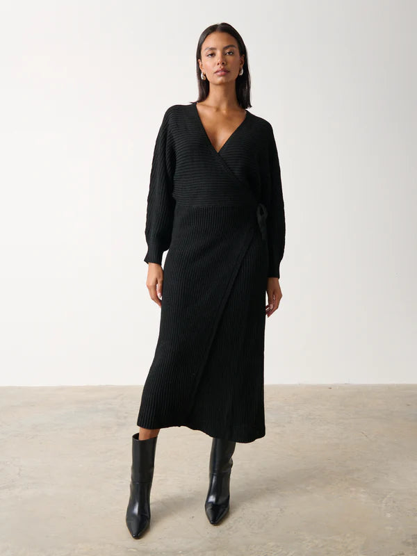 AIDAN Cozy Wrap Knit Dress for Women - Soft Stretchy Black Long Sleeve Dress for Fall & Winter | Perfect for Office, Date Night and Casual Outings