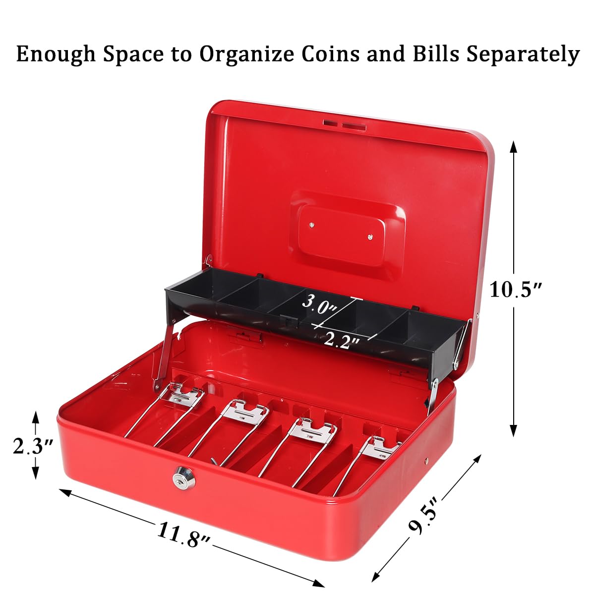 Jssmst Large Locking Cash Box with Money Tray & Security Cable - Heavy Duty Metal Money Box with Key Lock (Red) - Perfect for Home, Office, Retail Stores & Small Business Cash Management