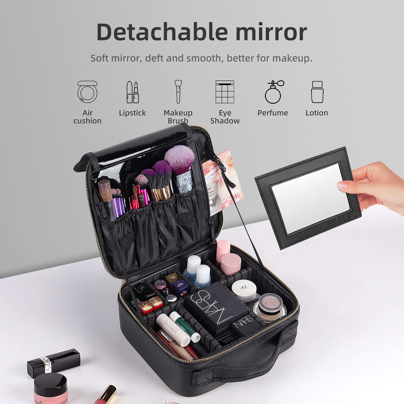 10 Inch Travel Makeup Bag Organizer for Women & Men - Adjustable Divider Cosmetic Case - Black Small Makeup Kit for Travel, Gym & Daily Use