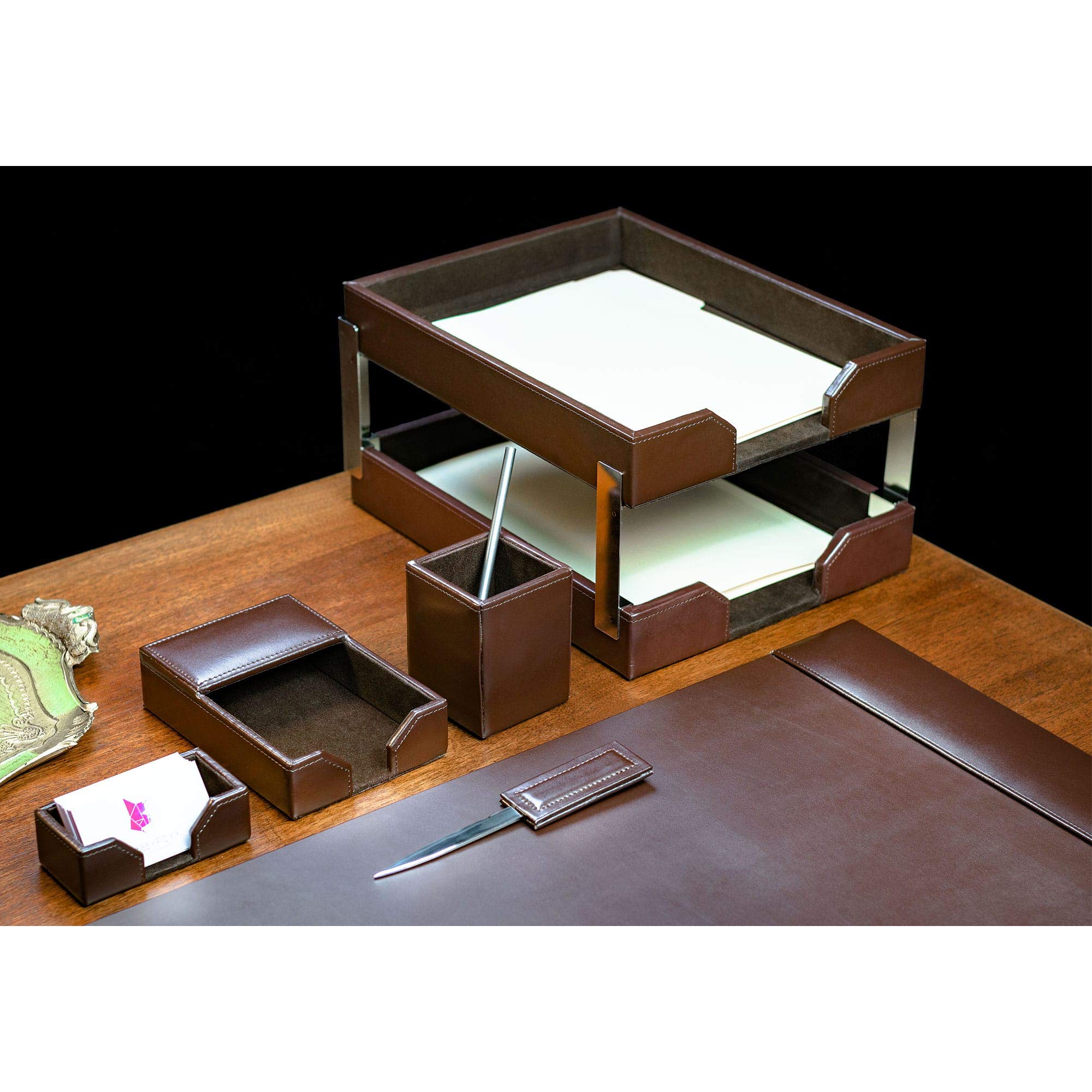 Premium Dacasso Bonded Leather Desk Set - Luxury Leather Desk Pad & Office Organizer - Executive Desk Decor for Professionals - Dark Brown 8-Piece Set - Perfect for Home Office, Corporate Gifts & Workspace Organization
