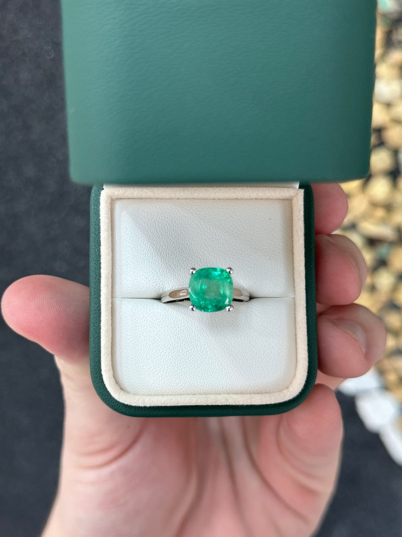 4.0ct Natural Emerald Engagement Ring 14K White Gold Cushion Cut Solitaire Ring for Women - Perfect for Proposals, Anniversaries & Special Occasions