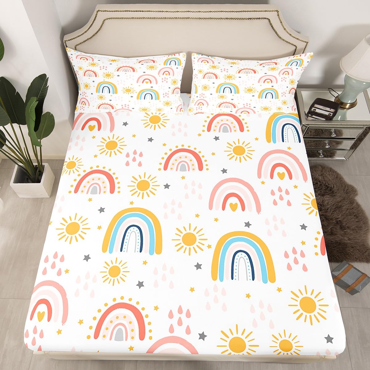 **Rainbow Queen Size Bed Sheets for Kids - Sun & Stars Printed Cartoon Bohemian Cloud Design - Soft Yellow & Pink Bedding Set for Boys & Teens - Perfect for Bedroom Decor & Cozy Sleep**
