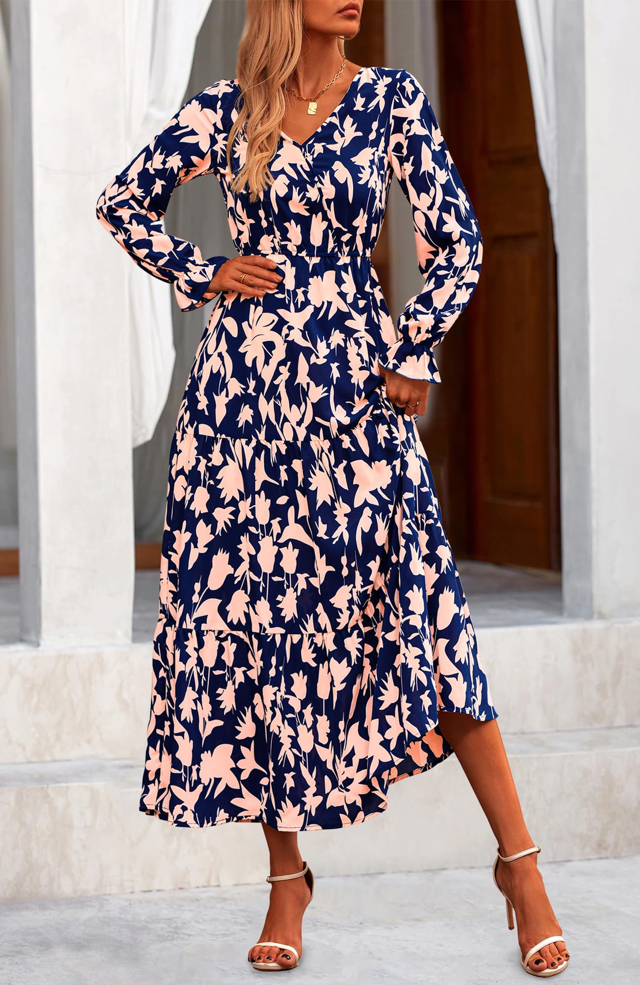NOLLSOM Women's 2024 Fall Boho Maxi Dress - Long Sleeve V-Neck Floral Print Casual Dress for Wedding Guest, Party, Date Night & Autumn Outings