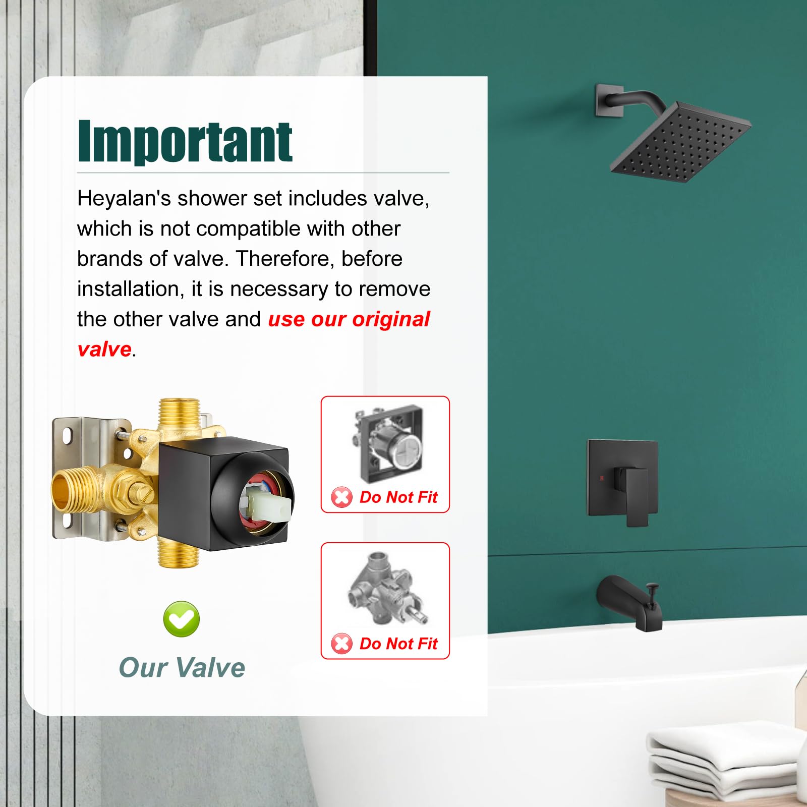 6 Inch Square Matte Black Bathtub Shower Faucet Set with Pressure Balance Valve - Single Handle Shower System Kit Including Showerhead, Handle & Tub Spout for Bathroom Renovation & Modern Home Upgrade