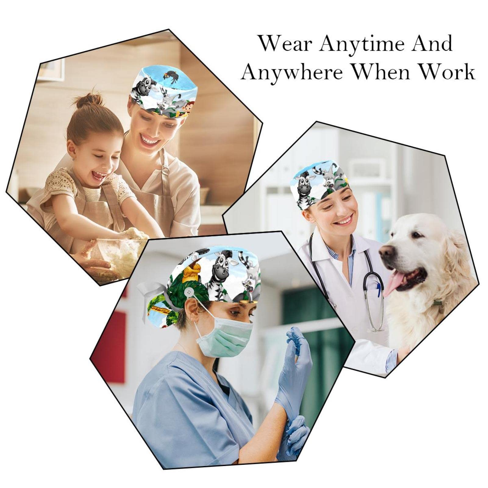 Wild Animals Print Scrub Hats for Women & Men - 2 Pack Surgical Caps with Button Closure & Sweatband - Long Hair Working Hats for Nurses, Doctors, Dentists - Perfect for Hospitals, Clinics & Healthcare Professionals