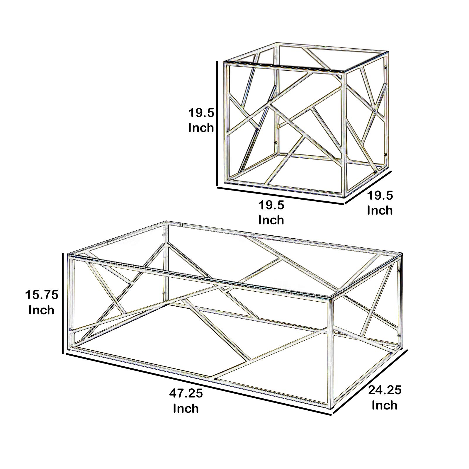 Benjara Industrial 3-Piece Glass Coffee Table Set with Geometric Metal Base in Silver - Modern Living Room Furniture for Small Spaces & Apartments