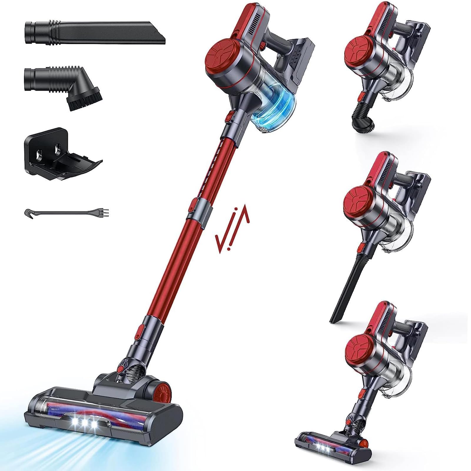 EICOBOT Cordless Vacuum Cleaner - 20000Pa Powerful 6-in-1 Stick Vacuum with Detachable Battery, 35min Runtime for Hardwood Floors, Pet Hair & Car Cleaning | Lightweight, Quiet | Dark Red & Black | Perfect for Home, Office & Auto Detailing