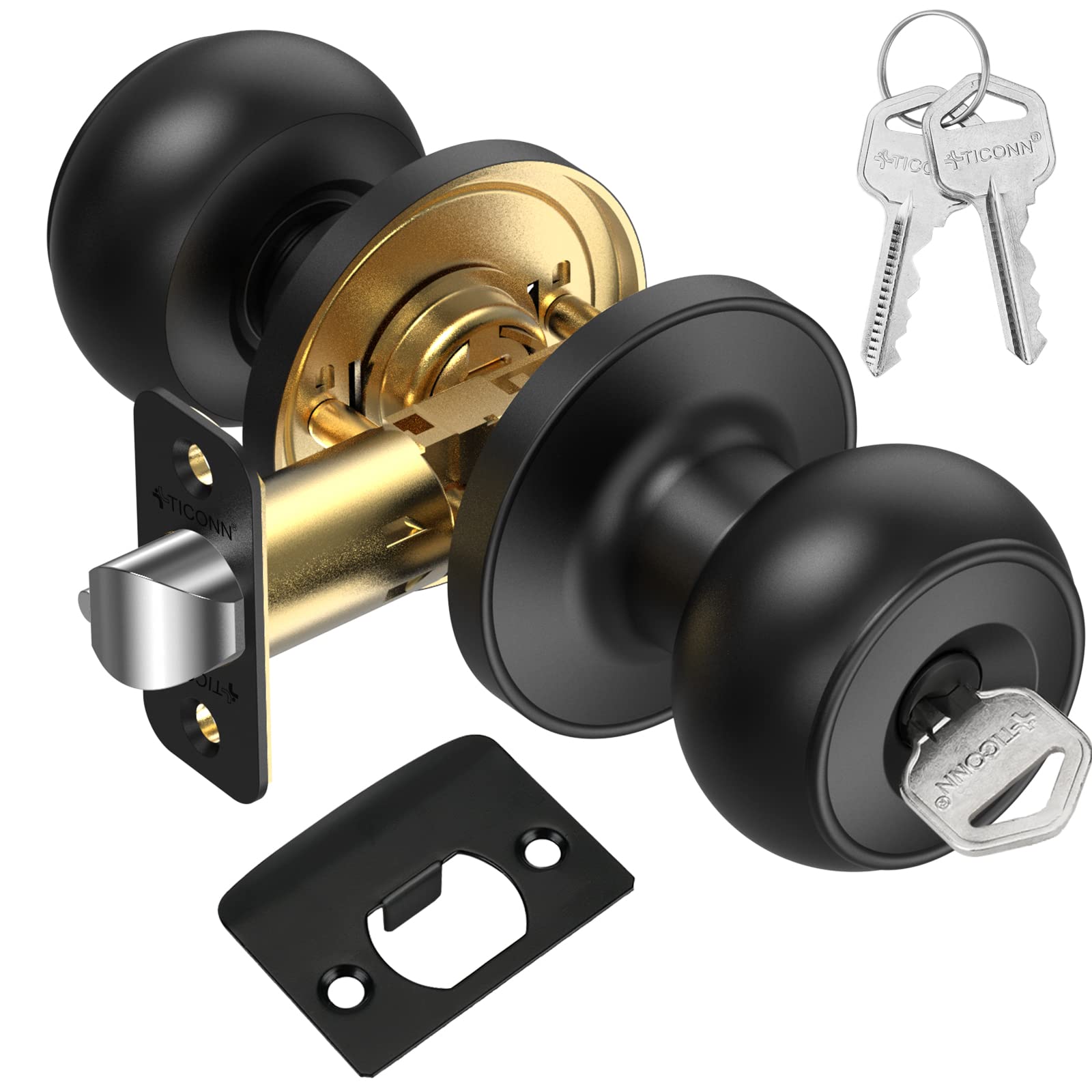 TICONN Round Door Knob with Deadbolt - Matte Black for Bedroom & Bathroom Doors