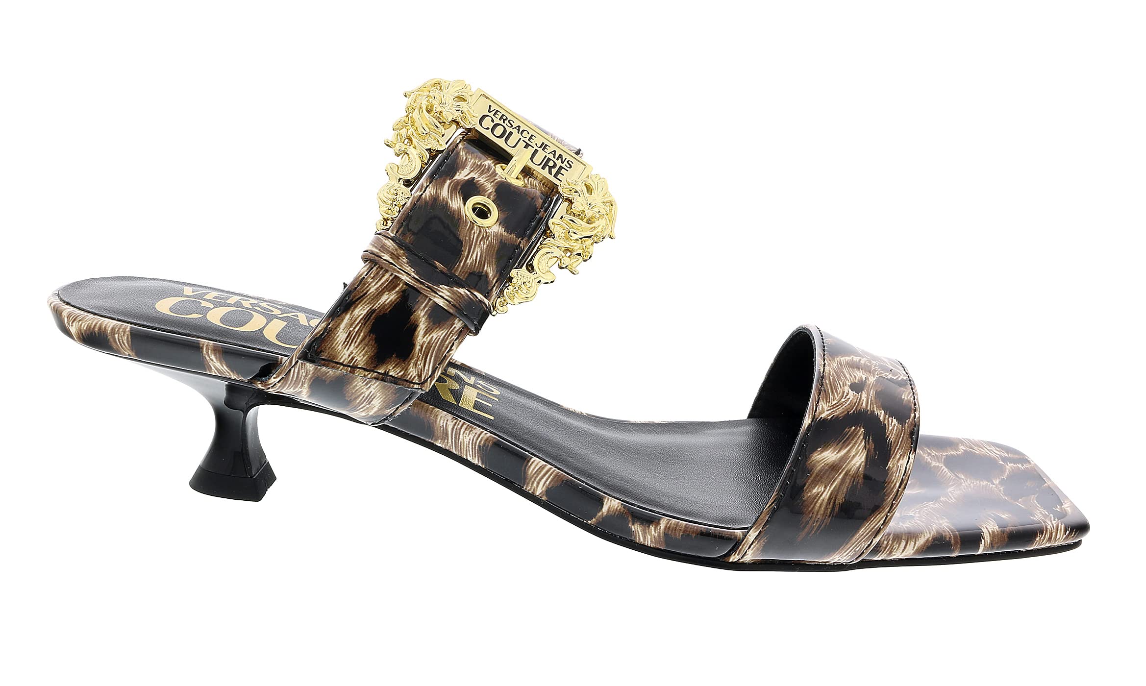 Versace Jeans Couture Women's Beige & Black Baroque Print Kitten Heel Mule Sandals - Perfect for Date Nights & Summer Parties