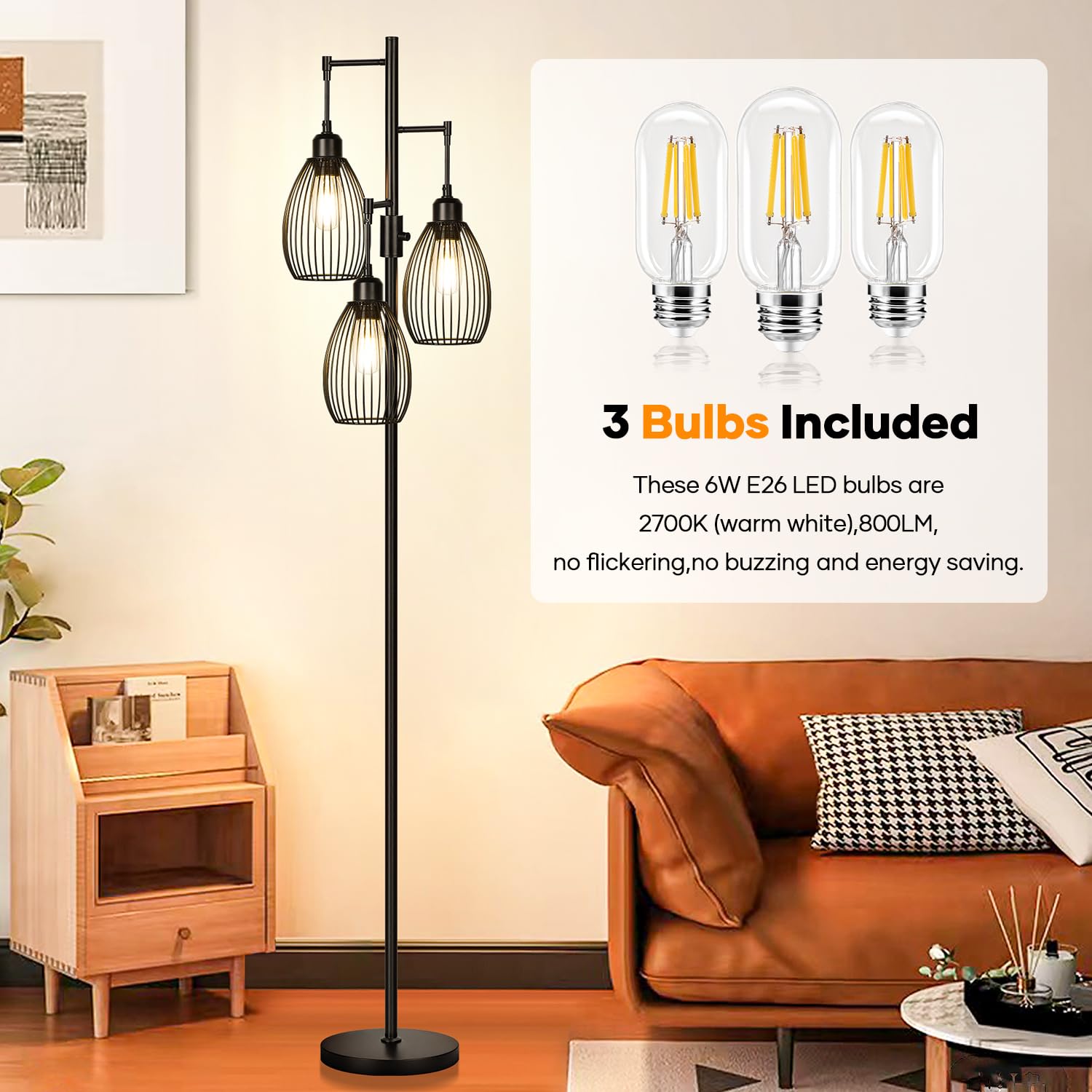 Dimmable Floor Lamp with 3 x 800LM LED Edison Bulbs - Industrial Farmhouse Standing Tree Lamp with Teardrop Cage - Tall Lighting for Living Room, Bedroom, Office & Dining Room - Black | Perfect for Reading, Relaxing & Home Decor