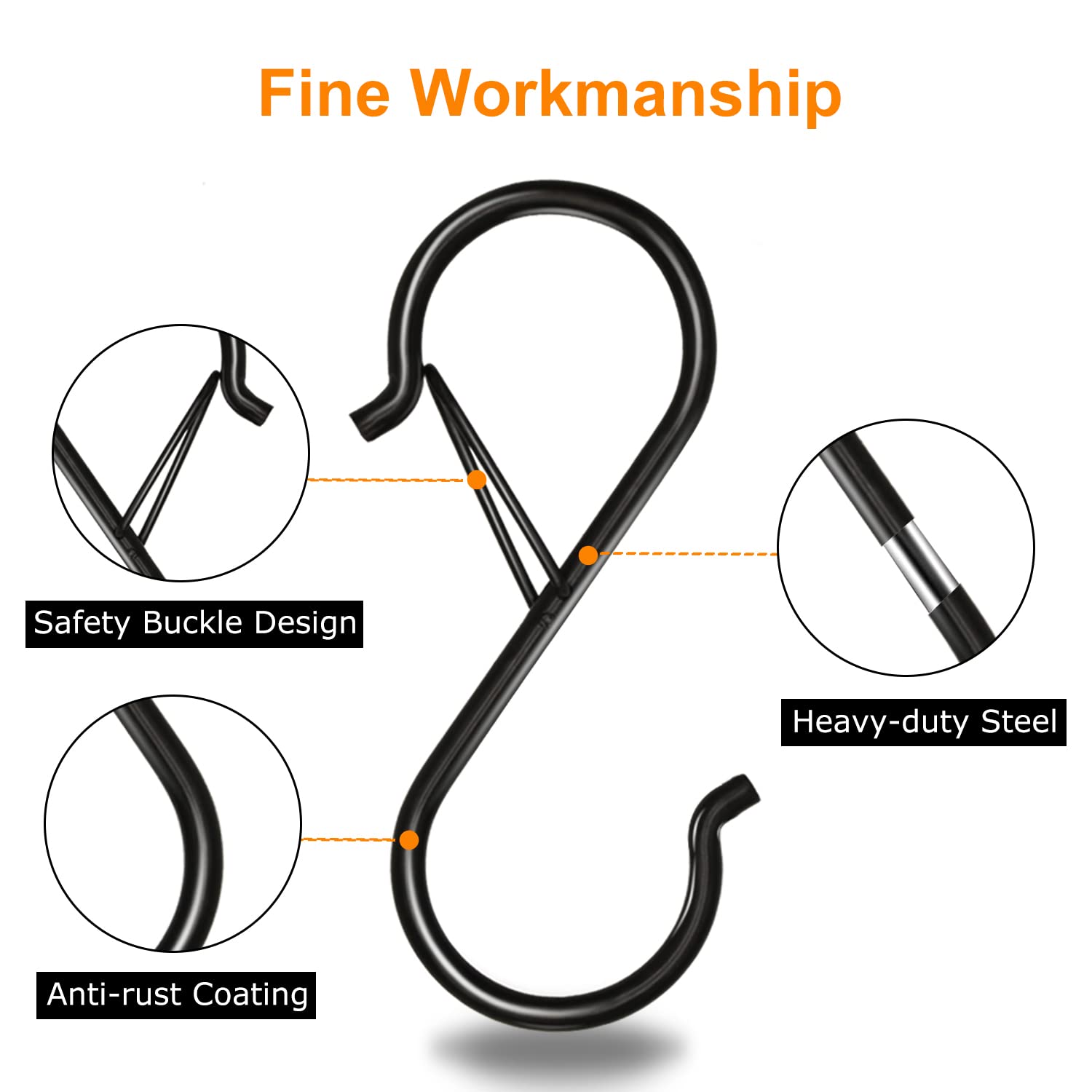 16 Pack Heavy Duty 3.5 Inch S Hooks with Safety Buckle - Black Metal S-Shaped Hooks for Hanging Plants, Clothes, Kitchen Utensils, Bags & Pot Racks - Perfect for Home, Garage, Closet & Outdoor Organization