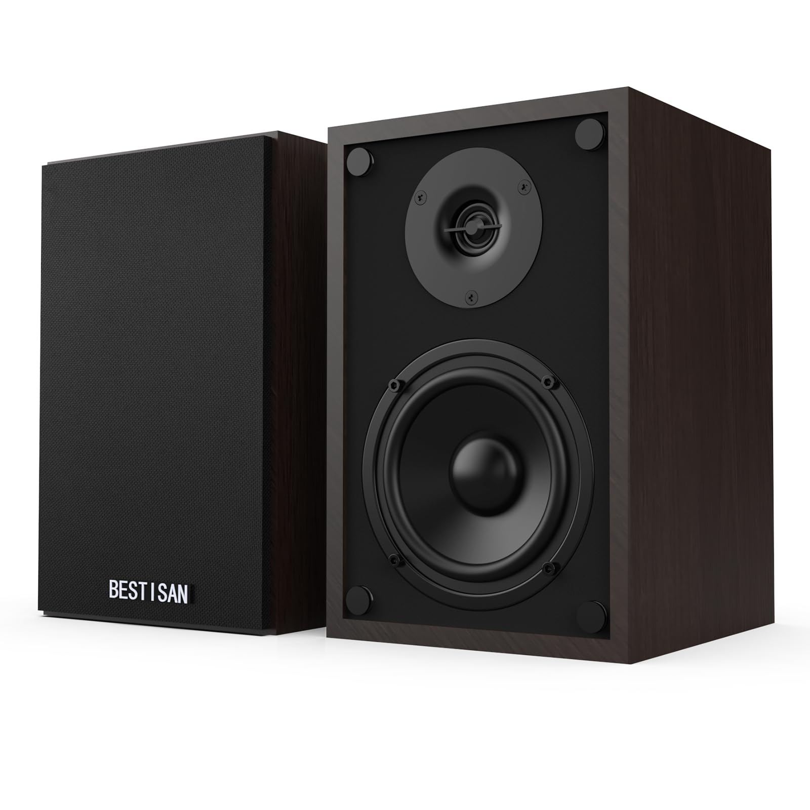 BESTISAN Bookshelf Speakers - Powered Bluetooth Speakers with 4 Inch Woofer, RCA Input, Sub Output, Wood Grain Design - Perfect for Home Theater, Gaming, and Music Listening