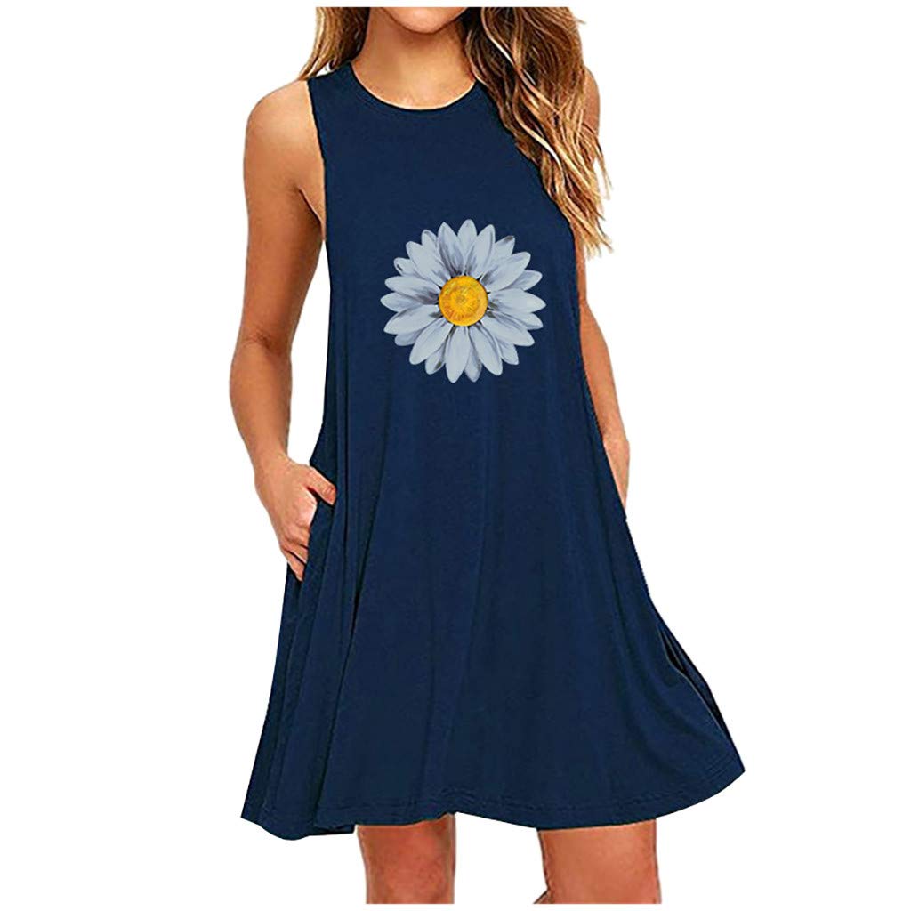 Women's Summer Dresses 2022 - Casual Sleeveless A-Line Dress with Daisy Print & Pockets | Perfect for Beach Vacations, Date Nights & Summer Parties