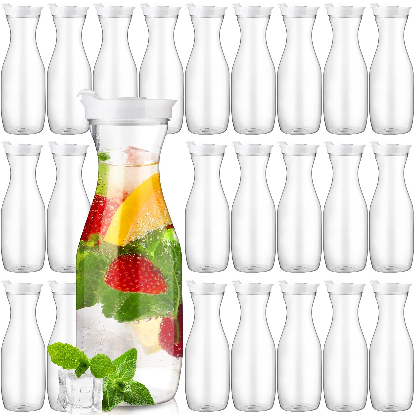 Gejoy 24-Pack 32oz Clear Plastic Pitchers with Lids - BPA-Free Juice Carafes for Mimosa Bar, Iced Tea, Milk & Beverages - Perfect for Home, Restaurants, Schools & Fridge Storage (Not Dishwasher Safe) - Great for Parties, Catering & Everyday Use