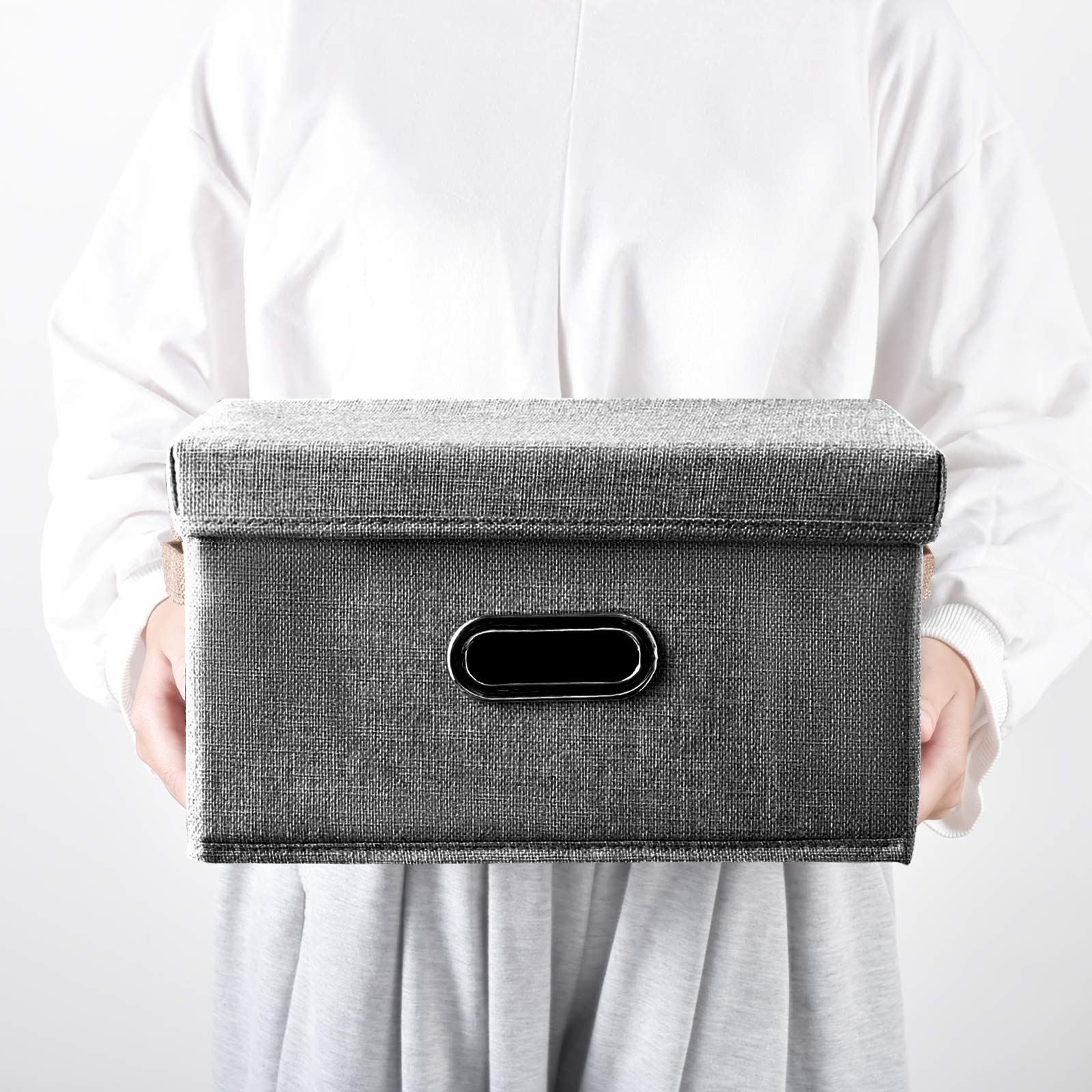 Linen Fabric Storage Bin with Lid [2-Pack] - Foldable Closet Organizer Box for Clothes, Bedroom, Office & Home - Space Saving Storage Basket Container (Gray, Small) - Perfect for Seasonal Clothing, Toys & Home Organization