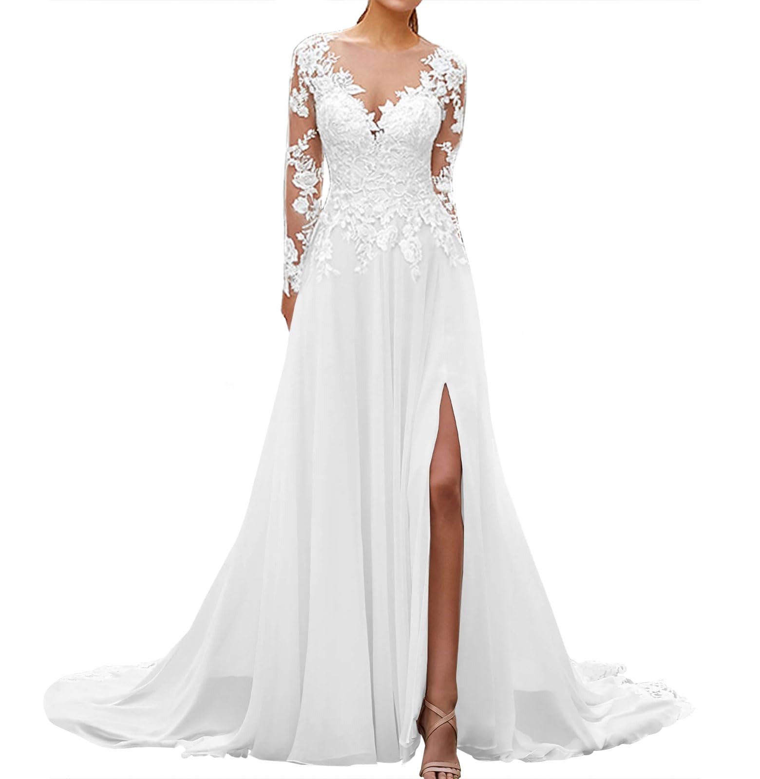JAEDEN Elegant Lace Chiffon Wedding Dress with Long Sleeves & High Slit - A-Line Bridal Gown for Church, Beach, and Outdoor Ceremonies