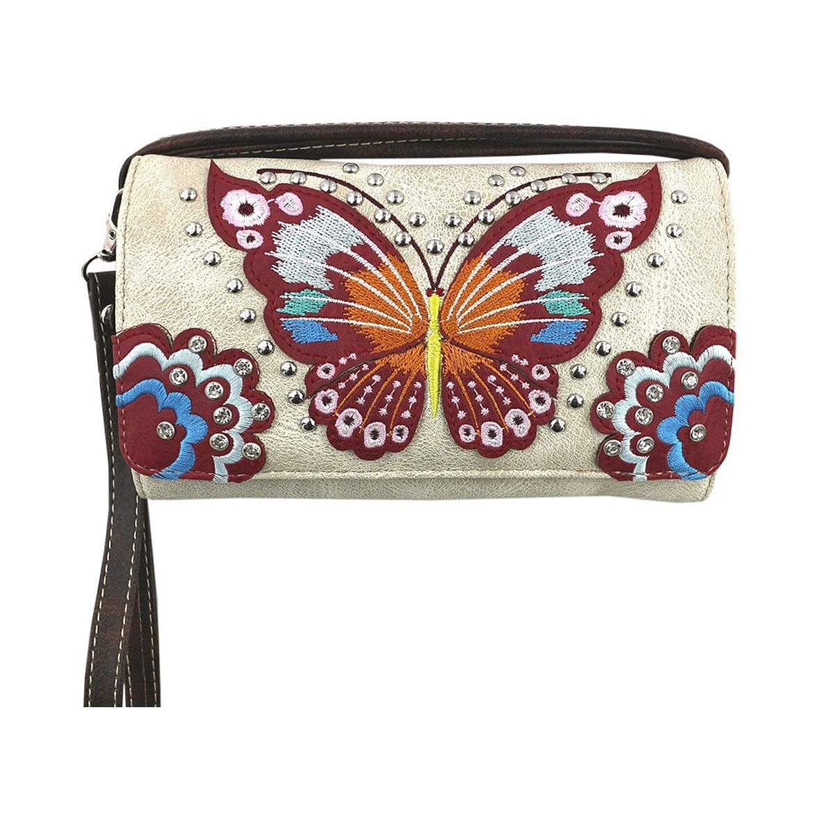Butterfly Embroidered Wristlet Wallet with Long Strap - Beige Crossbody Phone Purse for Women, Fashion Accessory for Everyday Use, Parties & Travel