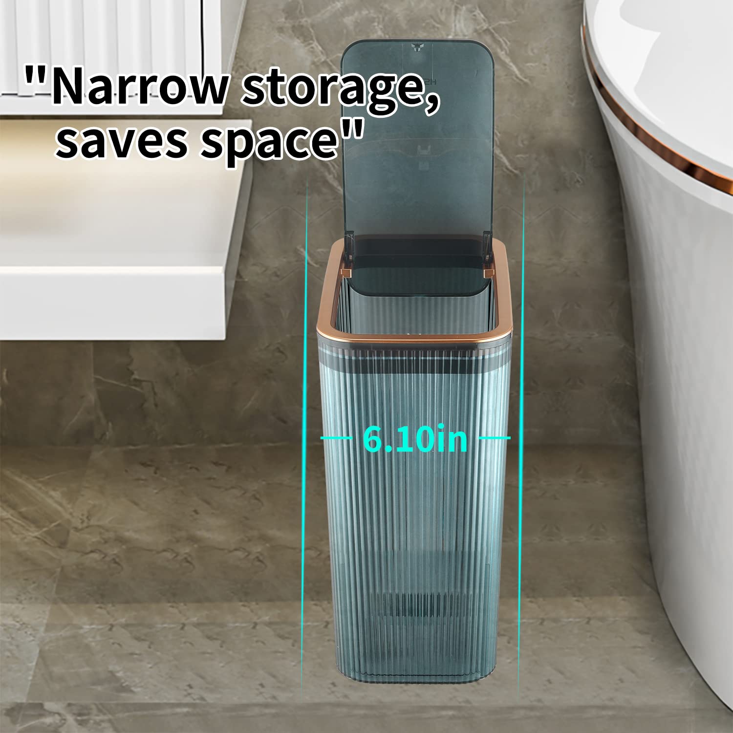 Clear Plastic Trash Can with Press-Top Lid - 2.6 Gallon Slim Waste Basket for Bathroom, Bedroom, Office & Kitchen - 10L Transparent Garbage Bin for Home Use - Perfect for Small Spaces & Easy Disposal (Blue)