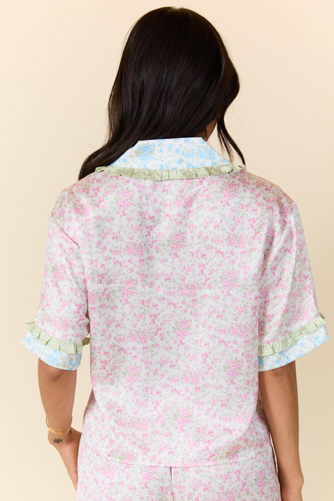 Dreamy Days Mixed Floral Short Sleeve Satin Pajama Top for Women - Soft & Comfortable Sleepwear - Perfect for Lounging, Sleepovers & Relaxing at Home