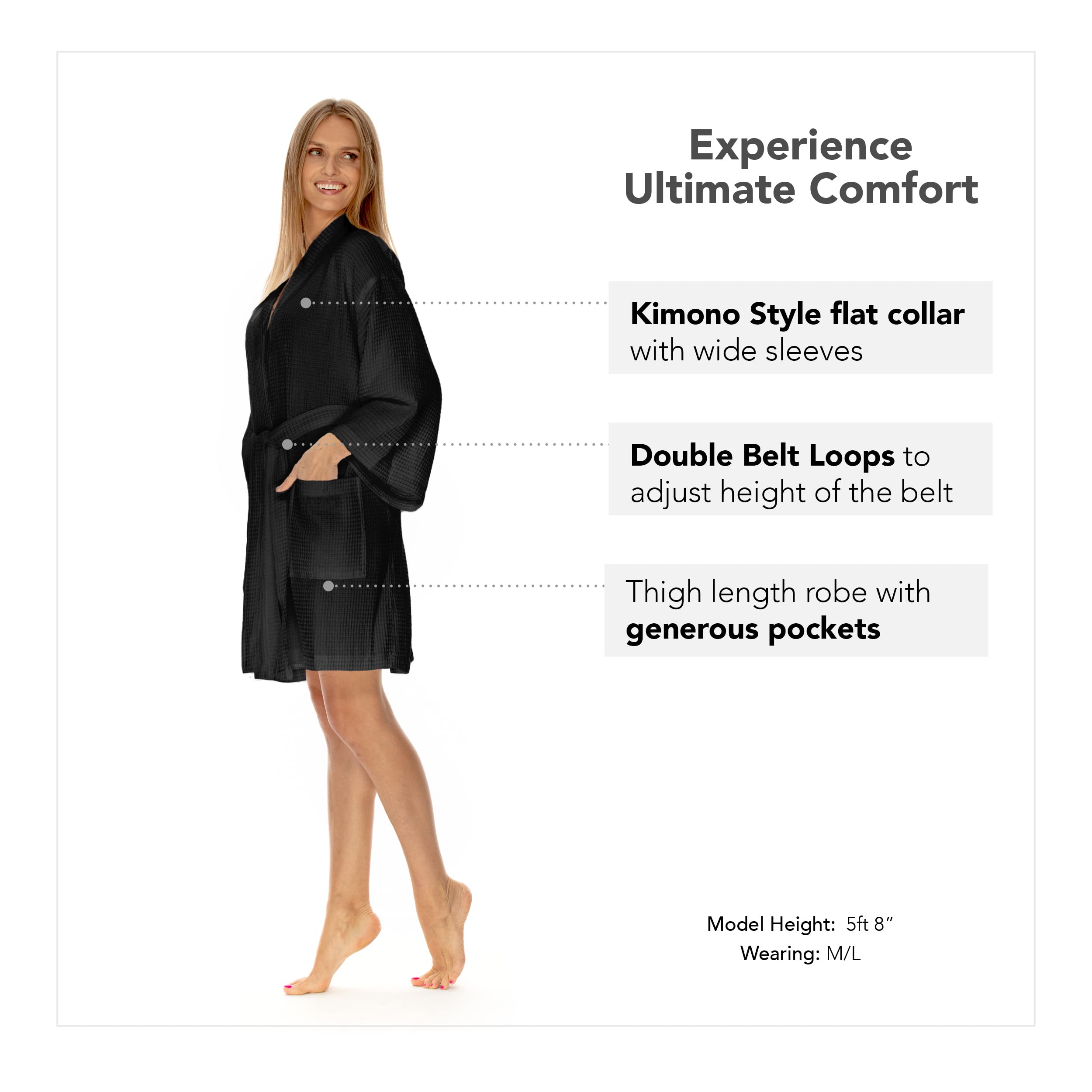 Boca Terry Women's Waffle Robe - Knee Length Lightweight Kimono Bathrobe for Spa, Lounge & Hotel Use - Soft Waffle Weave Cotton Robe for Women
