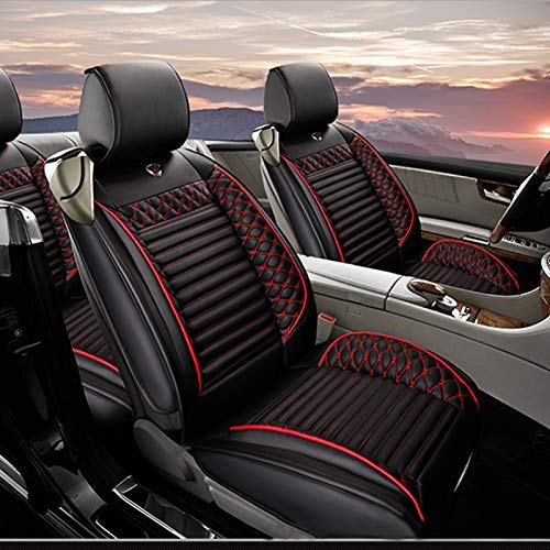 Custom PU Leather Car Seat Covers for Ford F150/Edge/Explorer/Ecosport/Escape/Fiesta/Focus/Mondeo/Mustang/Kuga - 5-Seat Full Set with Needlework Design, Black & Red - Perfect for Road Trips, Daily Commuting & Interior Protection