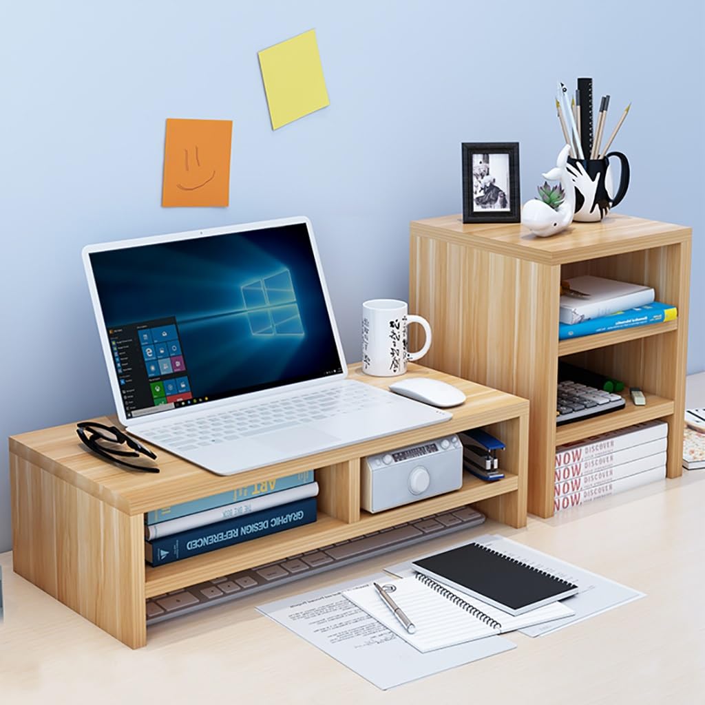 Tyewomiy Wooden Monitor Stand for Computer & Laptop - 3-Tier Desk Organizer with Storage Shelves (75.7x25x27.6cm) - Perfect for Home Office, Gaming Setup & Workspace Organization