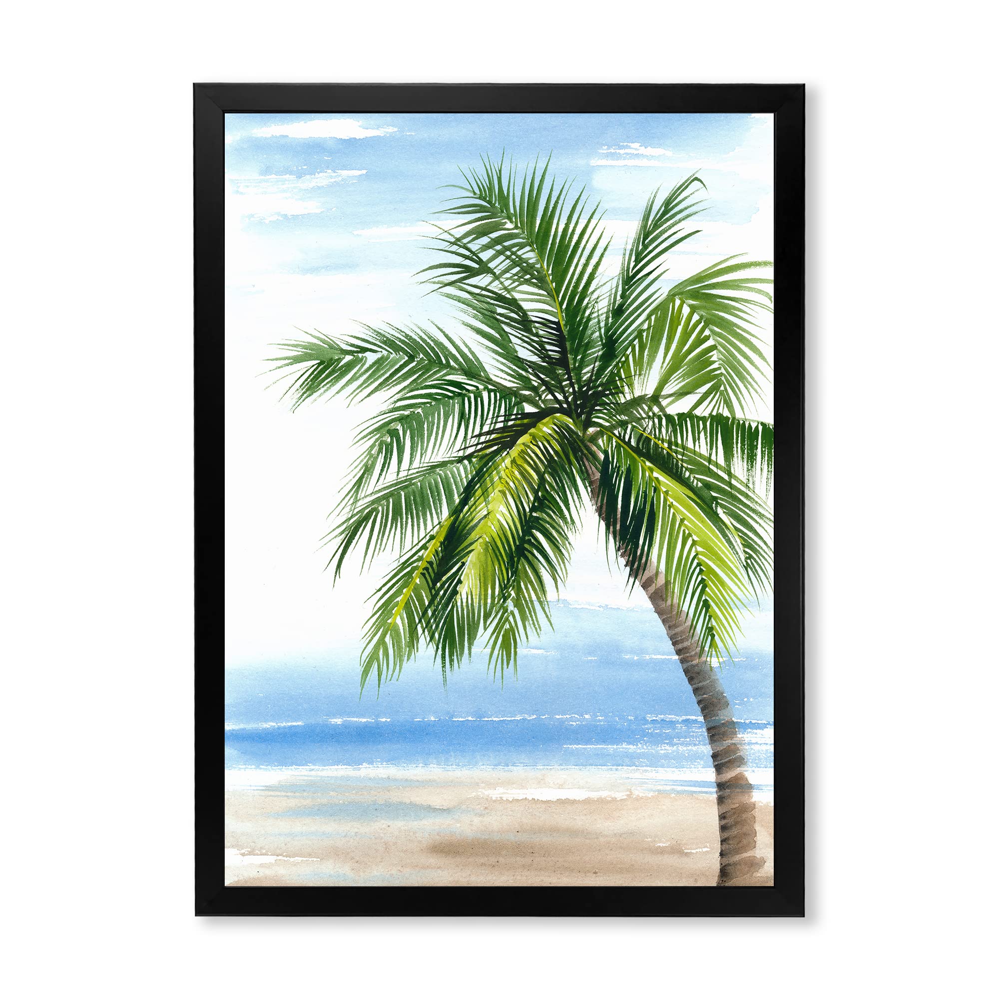 DesignQ Palm Tree At The Beach Resort Framed Wall Art - Coastal & Nautical Decor for Living Room, Bedroom, Office - Perfect Beach House & Vacation Home Wall Decor