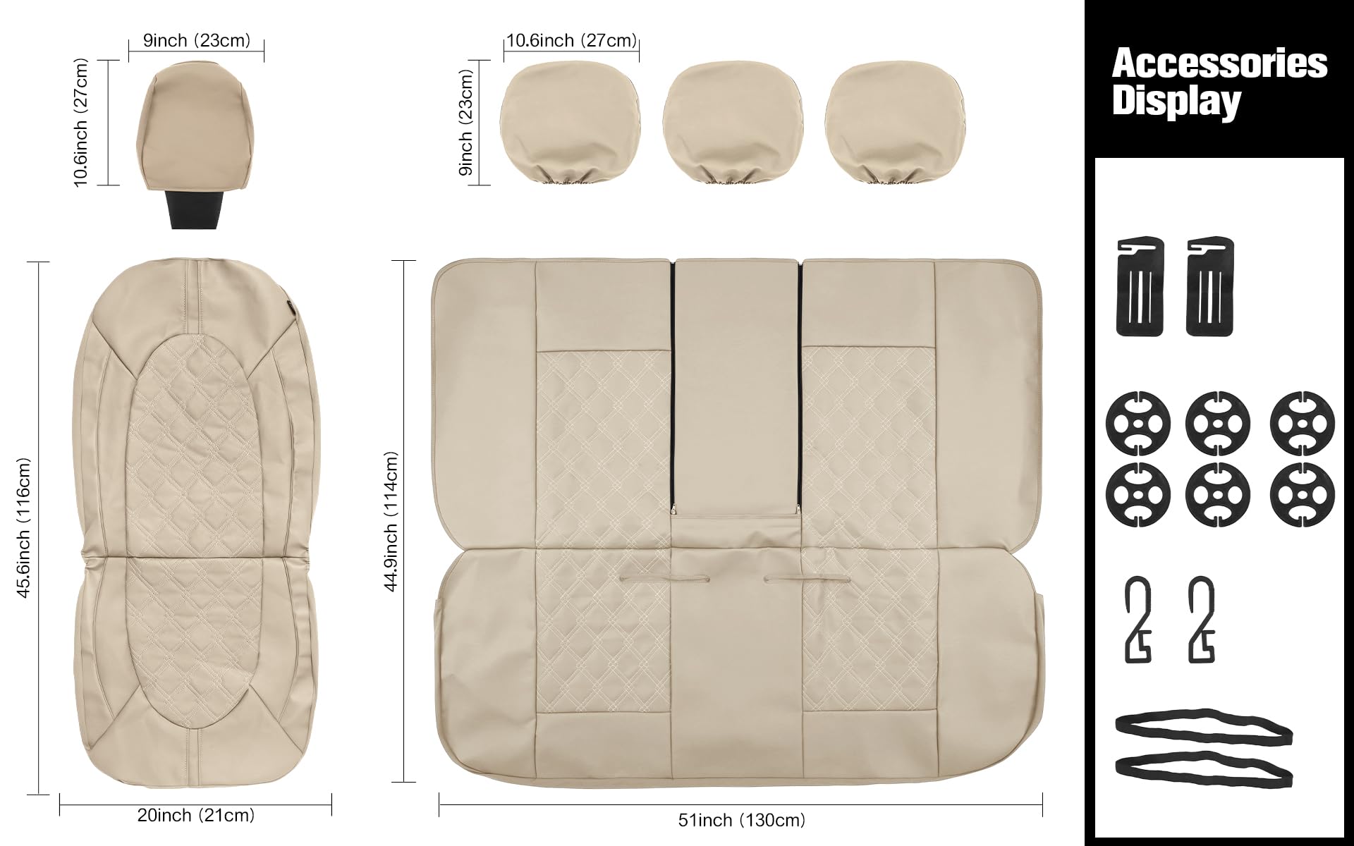 Premium PU Leather Car Seat Covers Full Set - Waterproof Universal Fit for Sedans, SUVs & Trucks (Beige/Beige Line) | Split Bench Design | Perfect for Daily Commute, Road Trips & Vehicle Protection